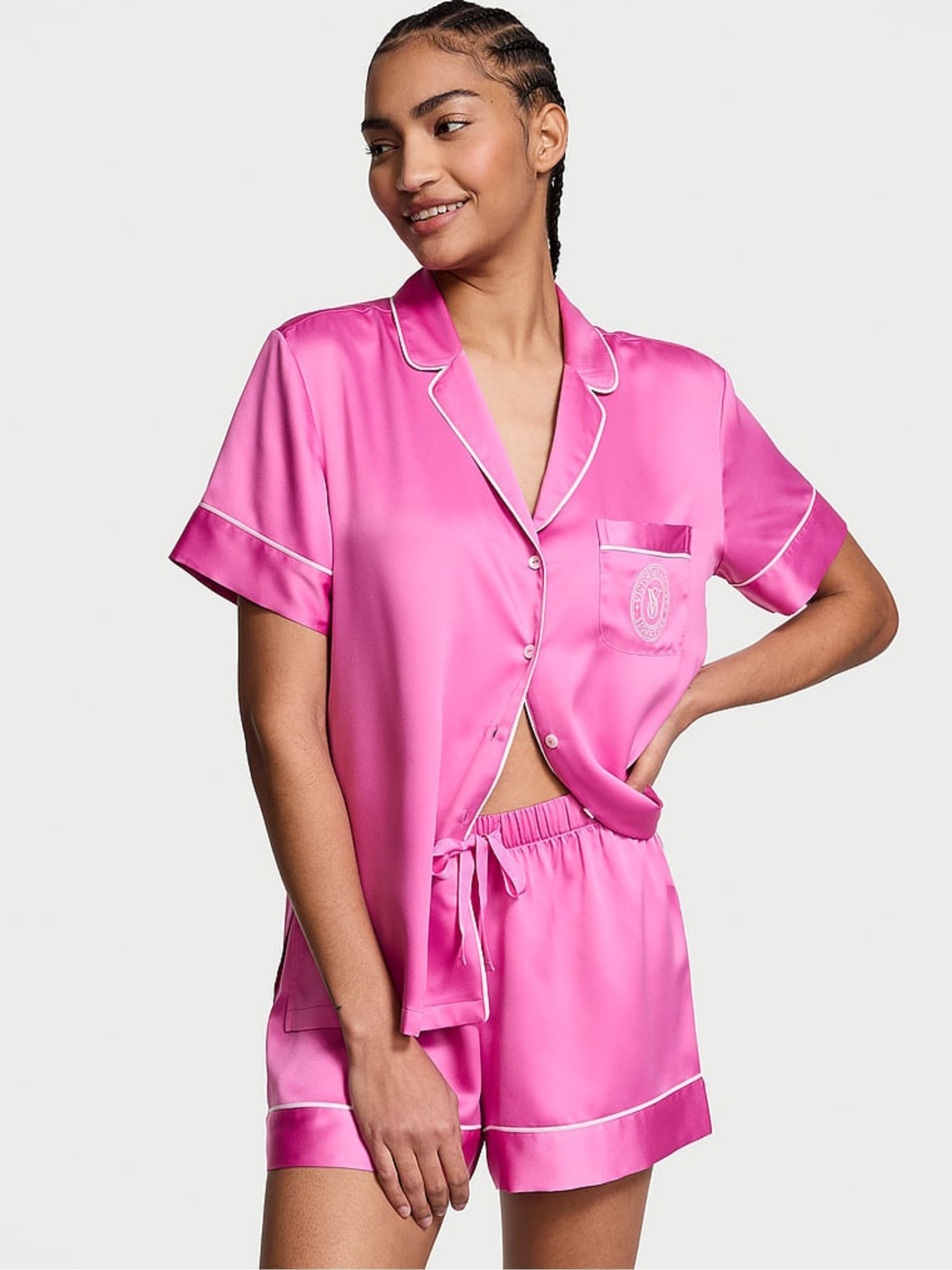 New Peony Pink Satin Short Pyjama Set (AM0864) | £65
