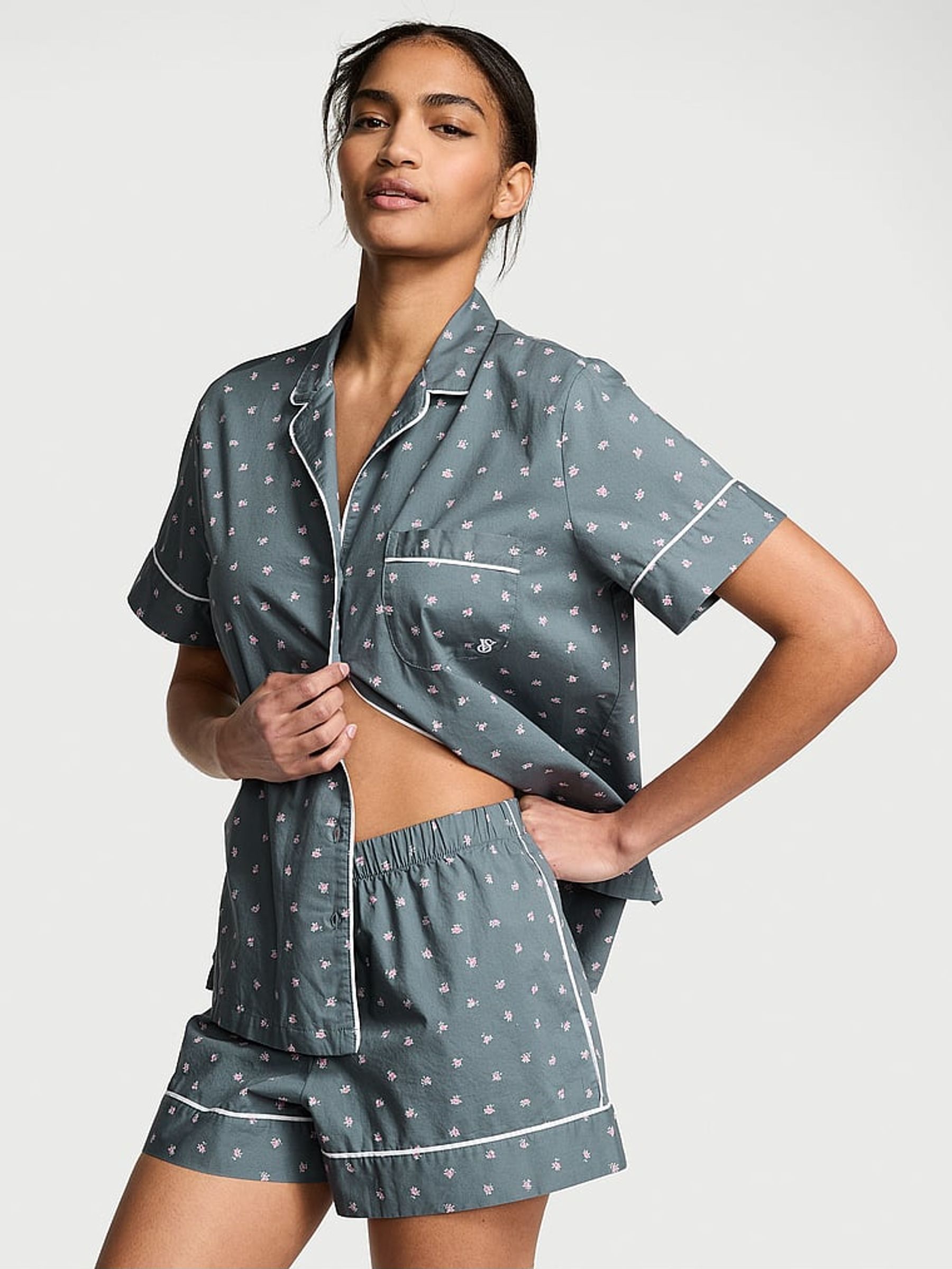 Steel Grey Flowers Cotton Short Pyjama Set (AM0866) | £45