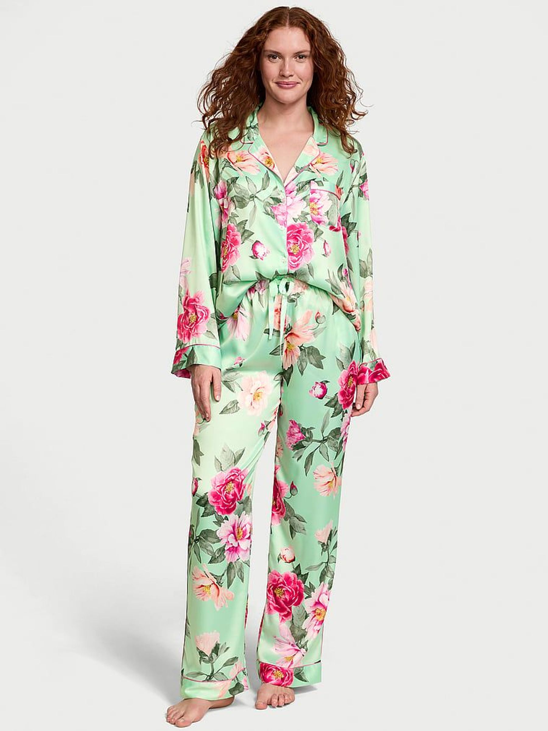 Mint Green Floral Satin Long Pyjama Set (AM0868) | £69