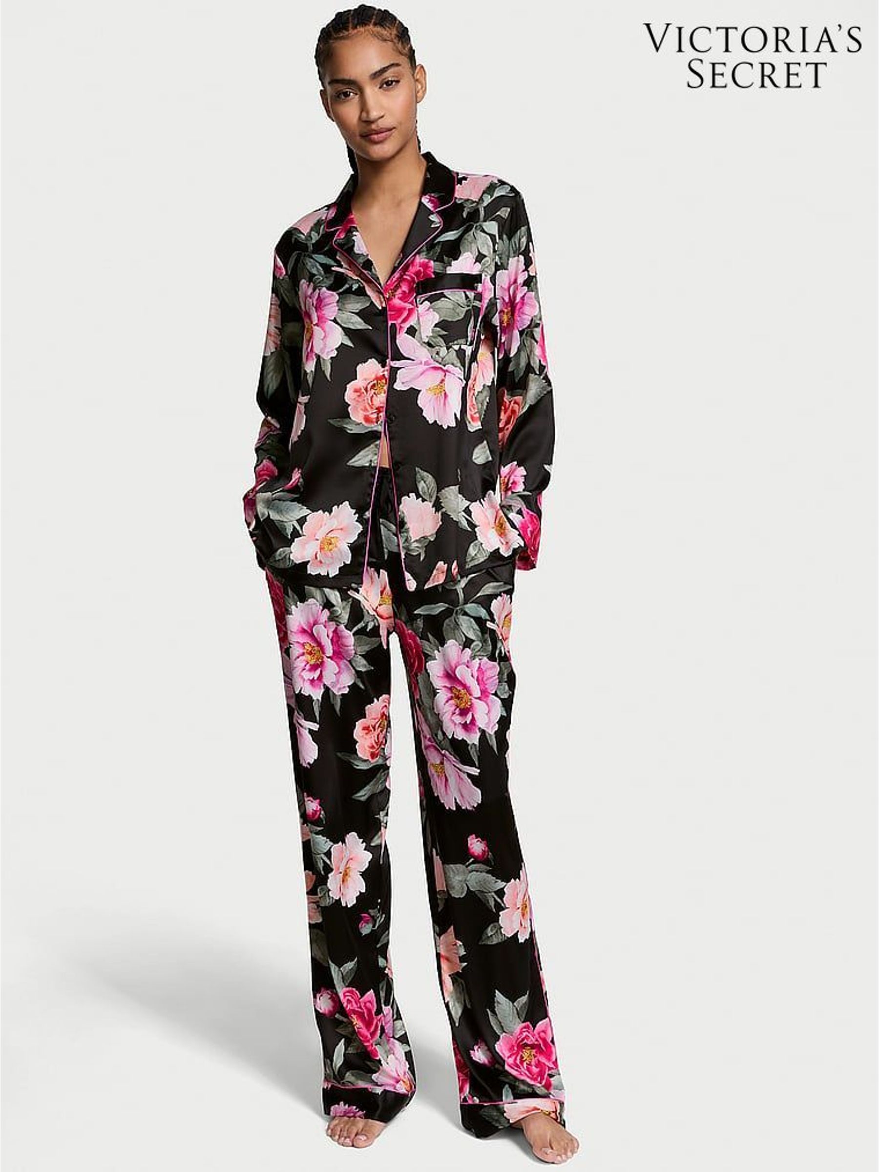 Black Floral Bouquet Satin Long Pyjama Set (AM0878) | £69
