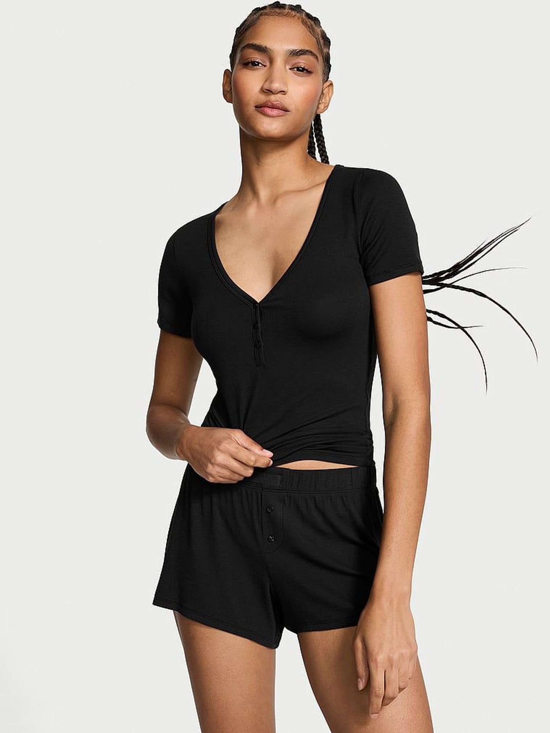 Black Modal Rib Henley Short Sleeve Set (AM0891) | £39