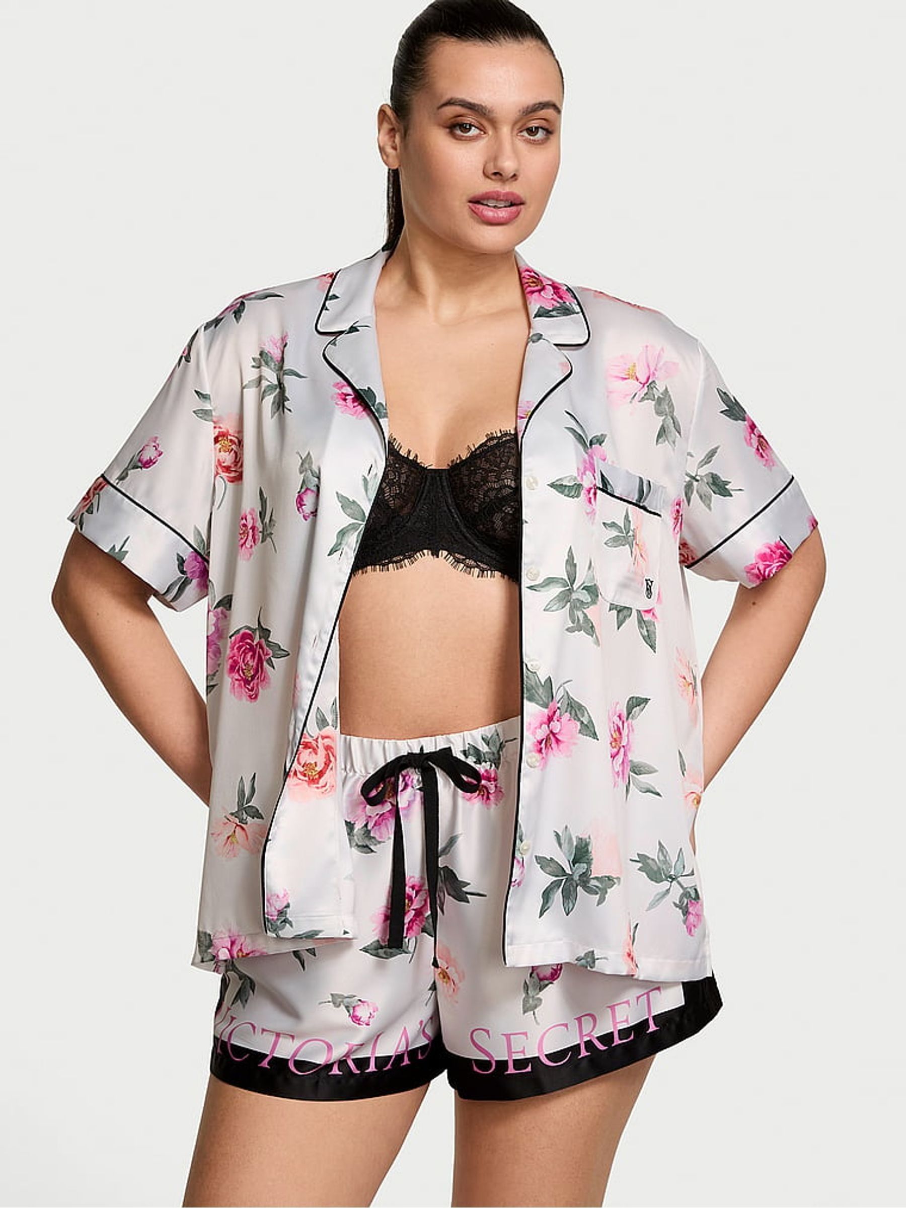 Coconut White Floral Satin Short Pyjama Set (AM0893) | £65
