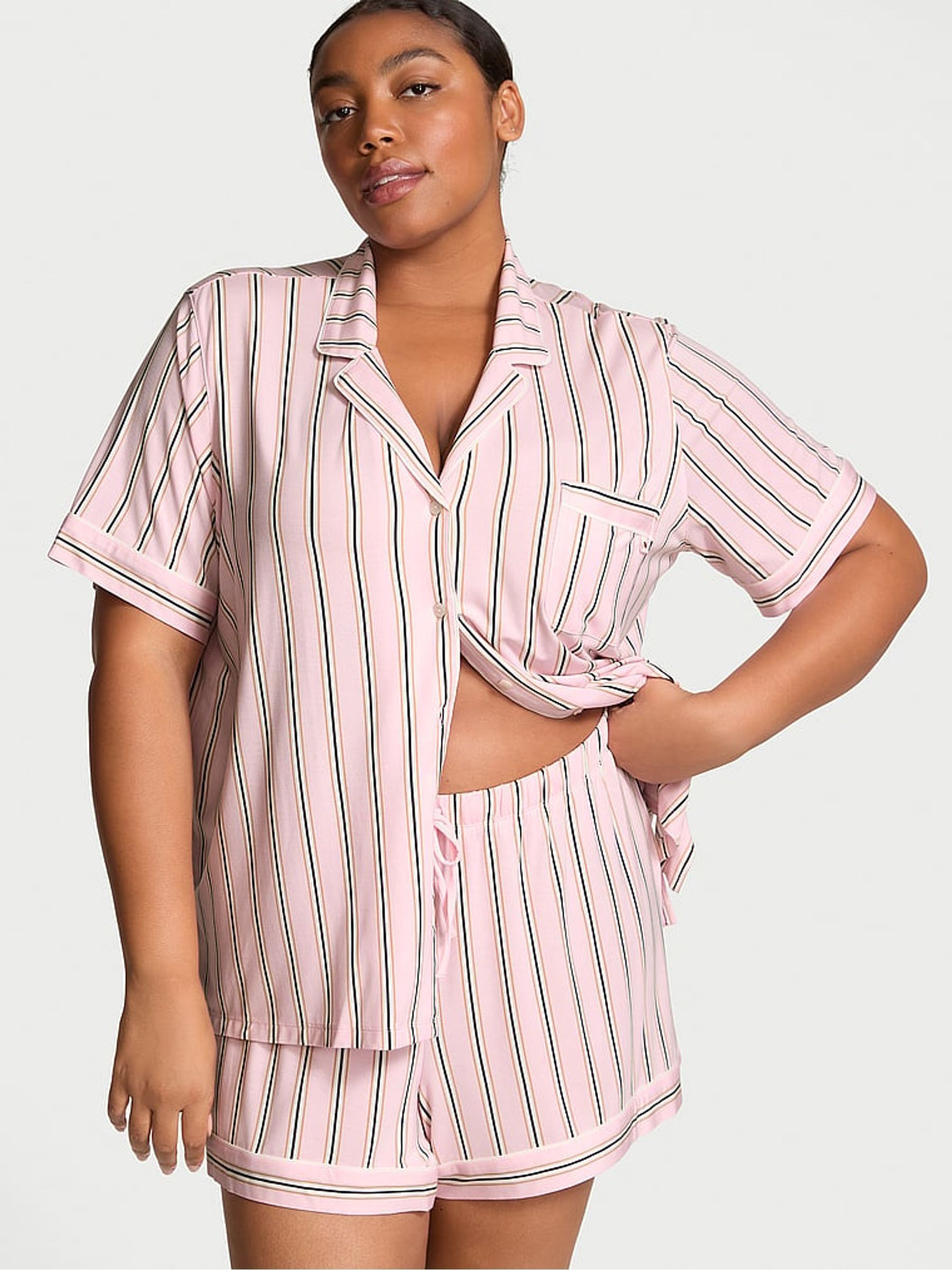 Pretty Blossom Variegated Stripe Pink Modal Short Pyjama Set (AM0907) | £55