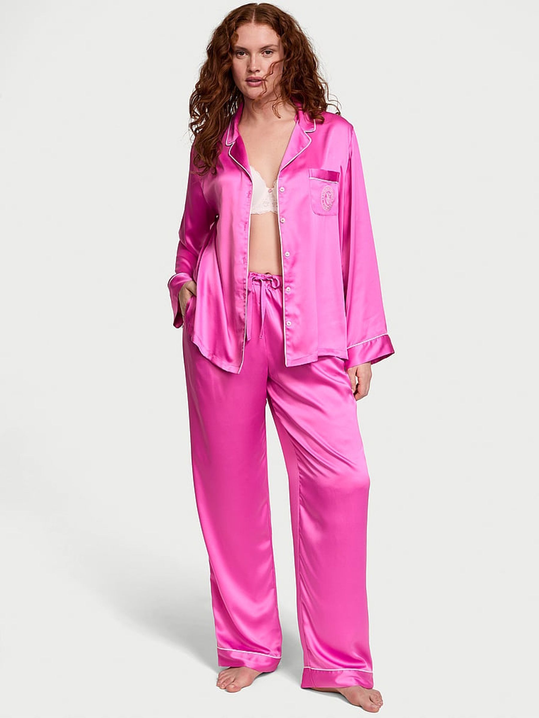 New Peony Pink Satin Long Pyjama Set (AM0916) | £69