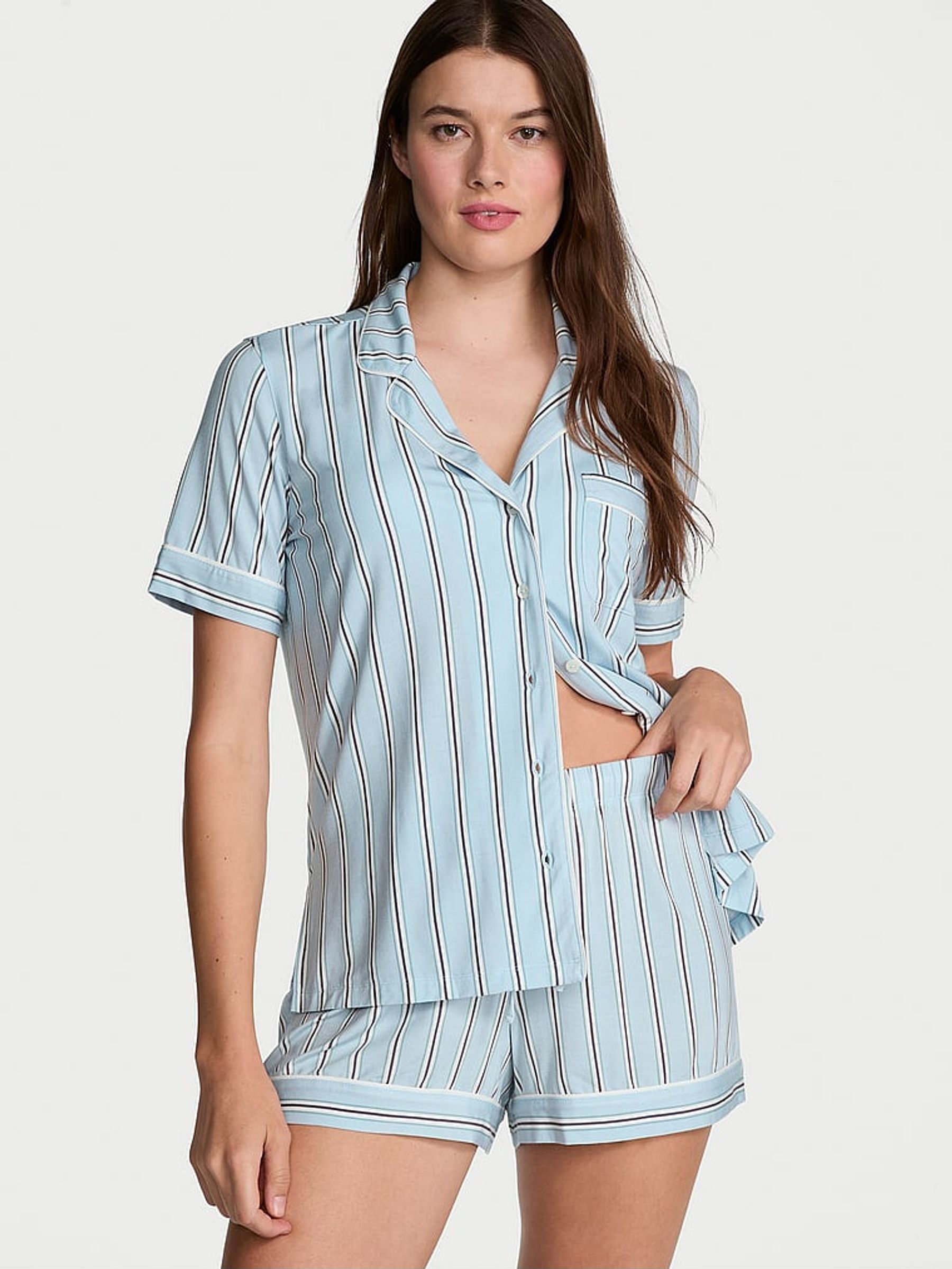 Blue Variegated Stripe Modal Short Pyjama Set (AM0924) | £55