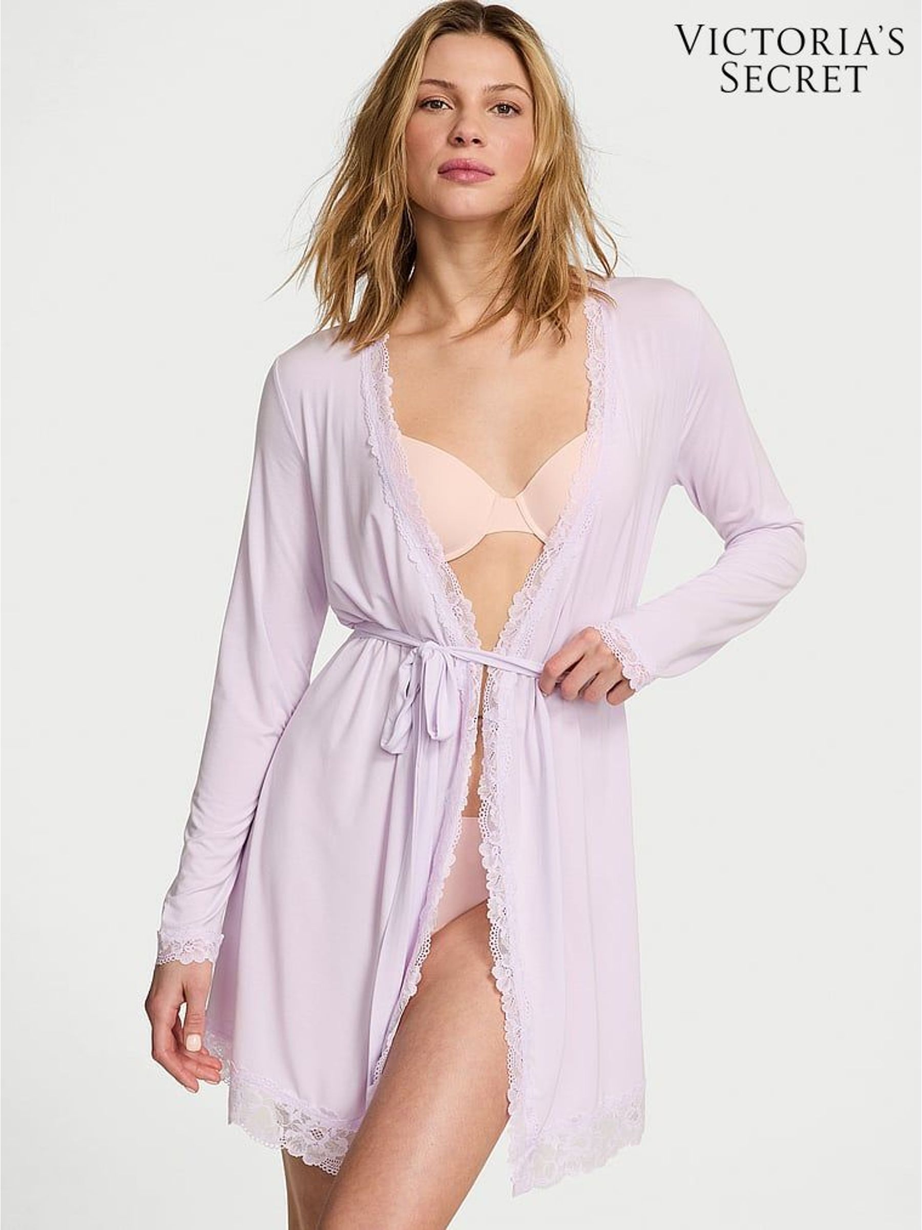Delicate Violet Purple Modal Lace Trim Robe (AM2637) | £49