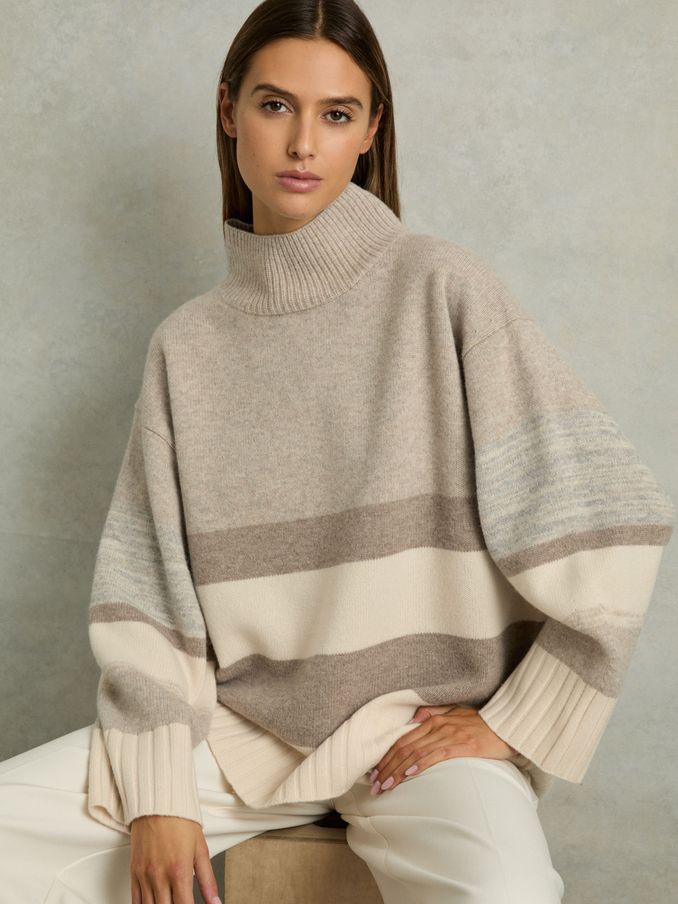 Wool Funnel-Neck Striped Jumper in Neutral (AM3678) | £59