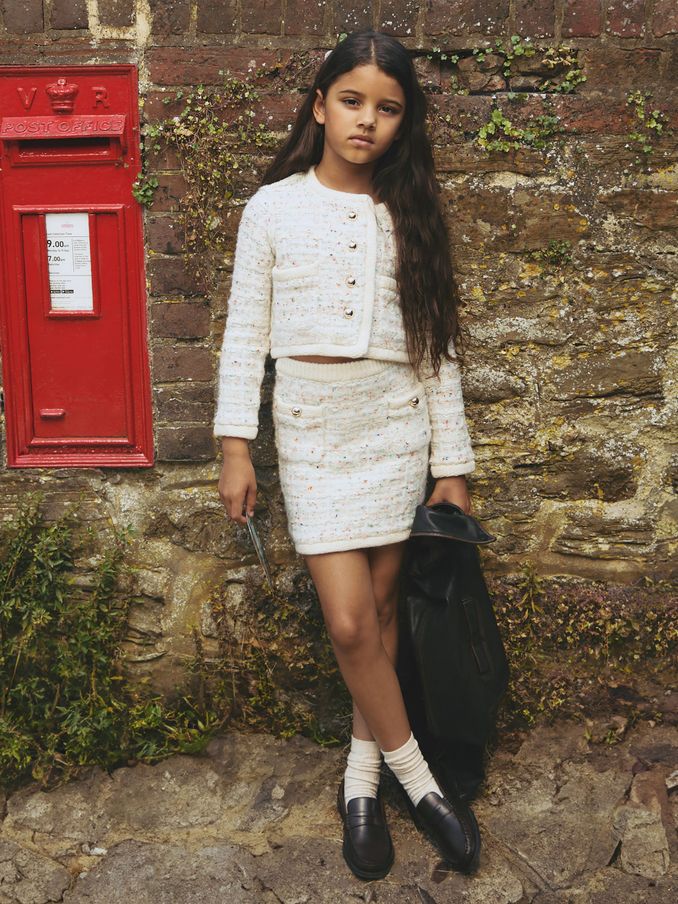 4-9 yrs Tweed-Effect Knitted Mini Skirt with Merino in Cream (AM3687) | £25