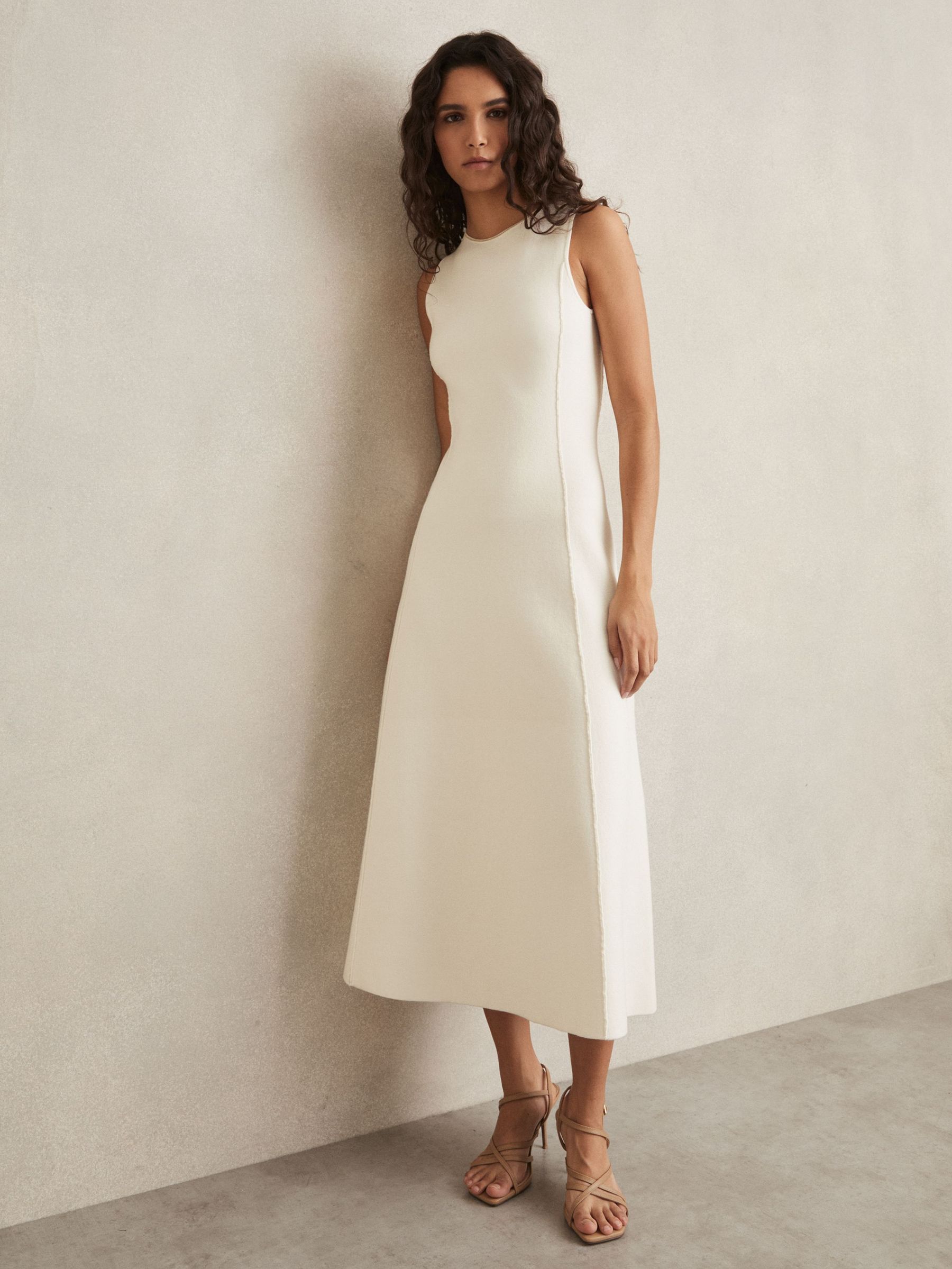 Seam-Detail Knitted Midi Dress in Ivory (AM5299) | £190