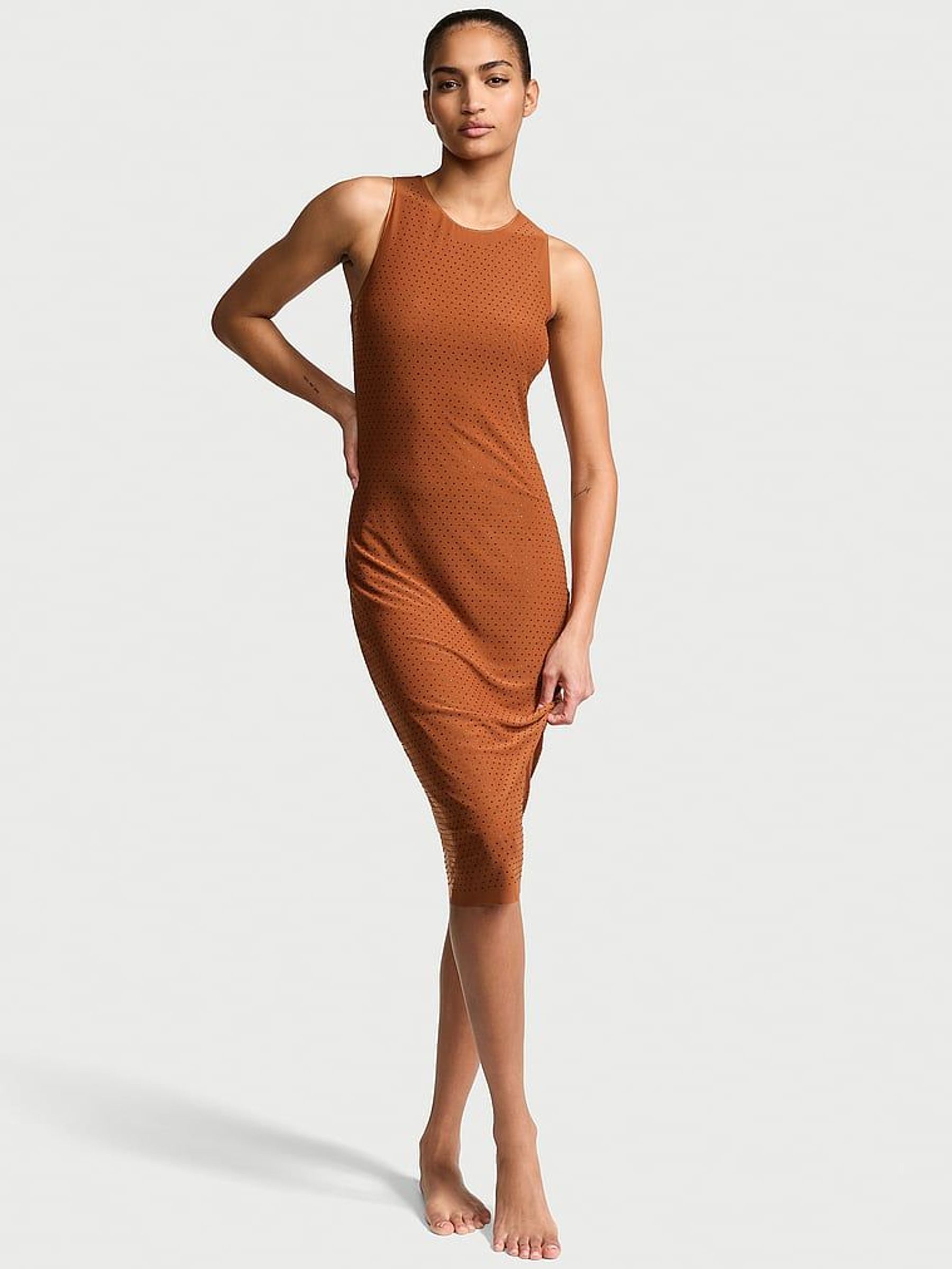 Cinnamon Brown Diamante Mesh Midi Swim Cover Up Dress (AM6491) | £105