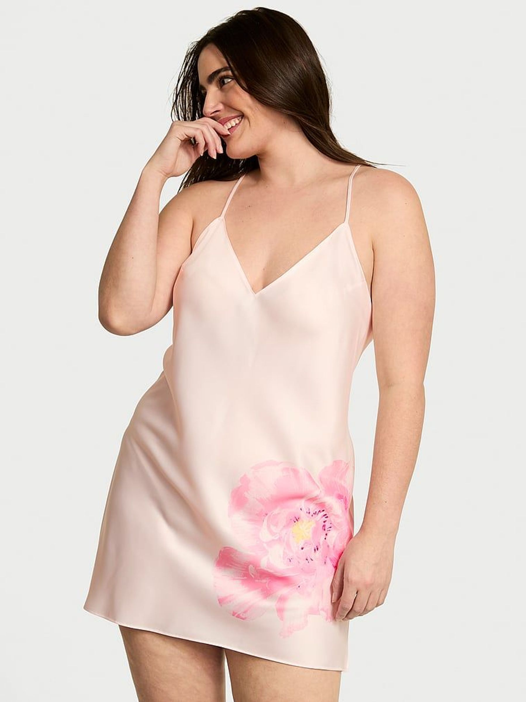 Faint Pink Peony Satin Open Back Slip (AM6807) | £59