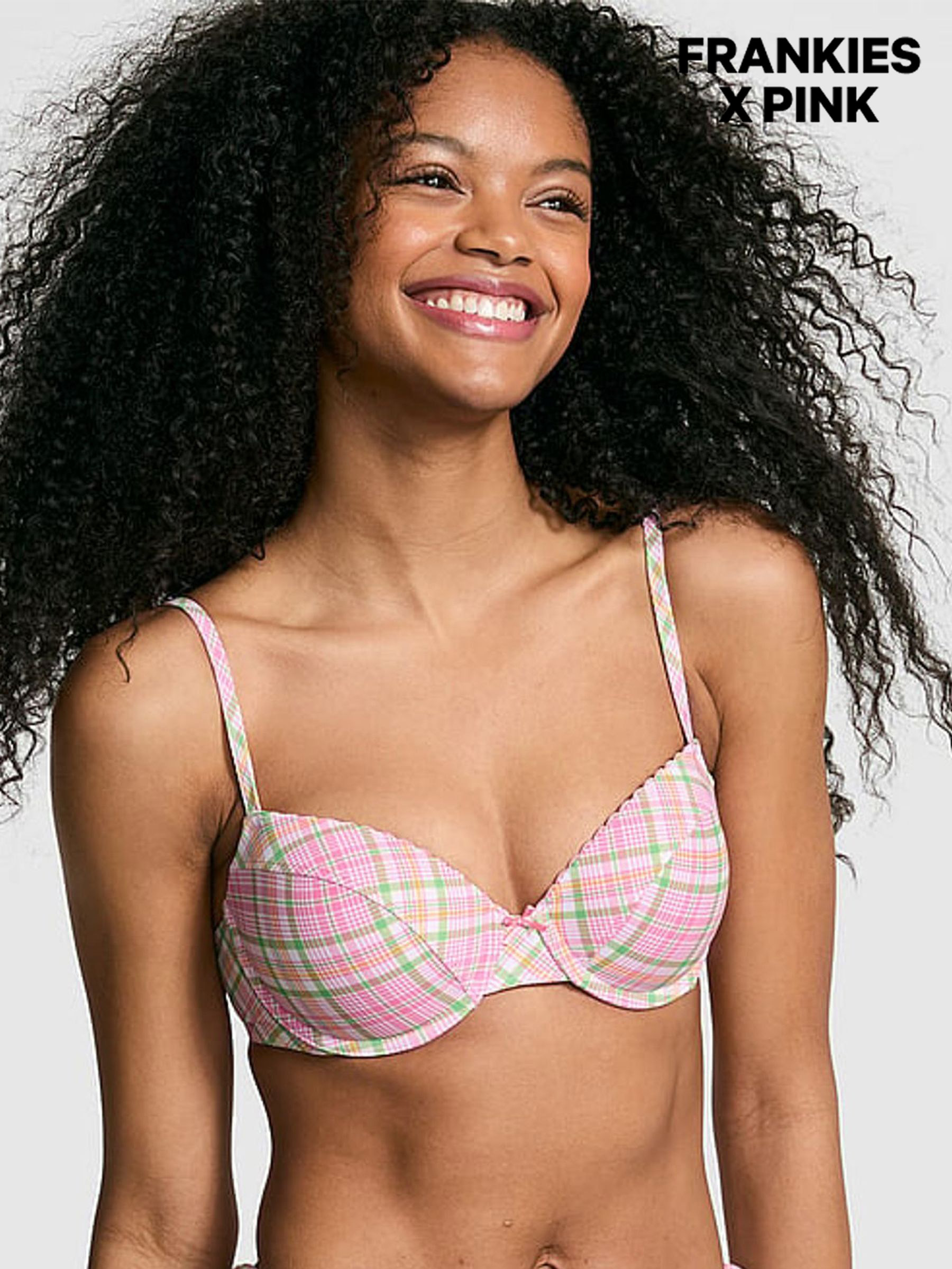 Strawberry Plaid Pink Ryder Push Up Bikini Top (AM7894) | £34
