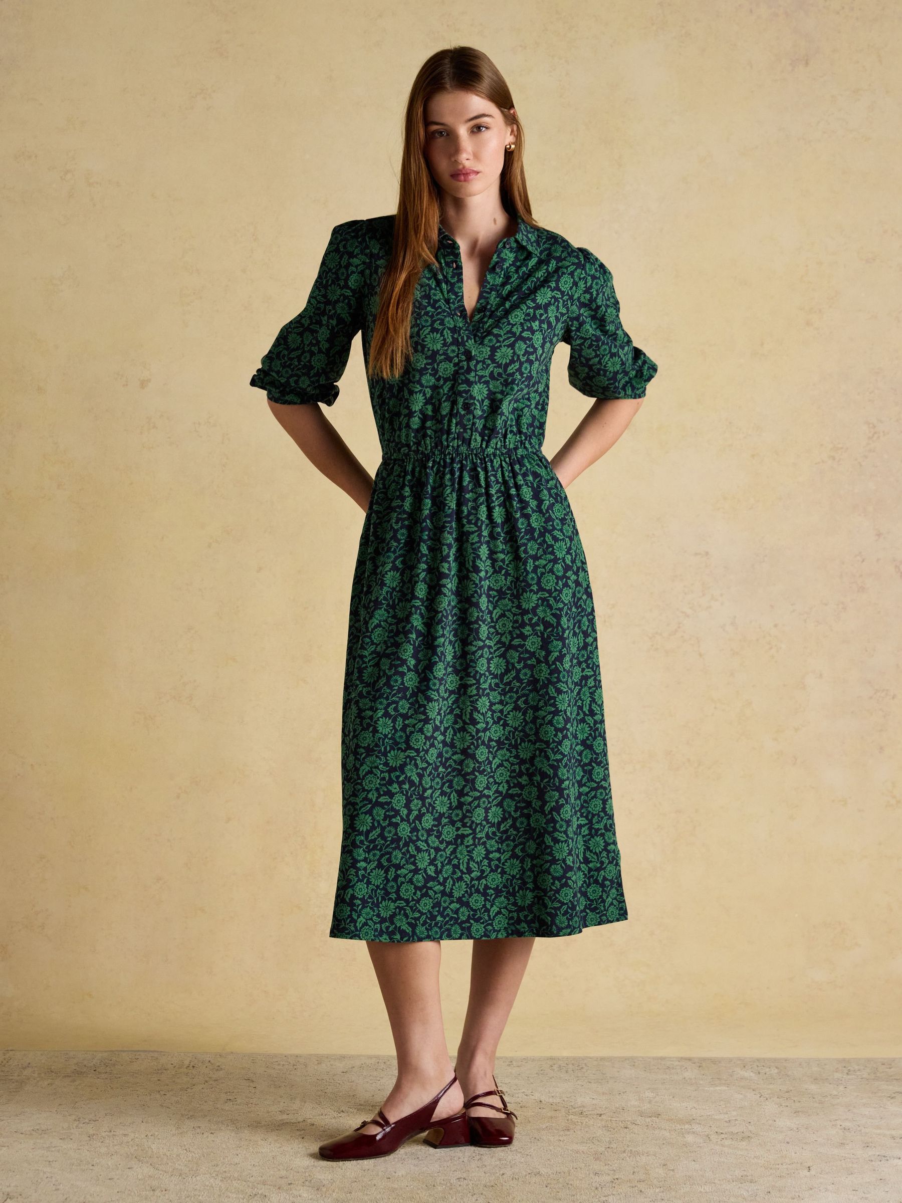 Hazel Green Jersey Midi Long Sleeve Shirt Dress with Collar (AM8340) | £59