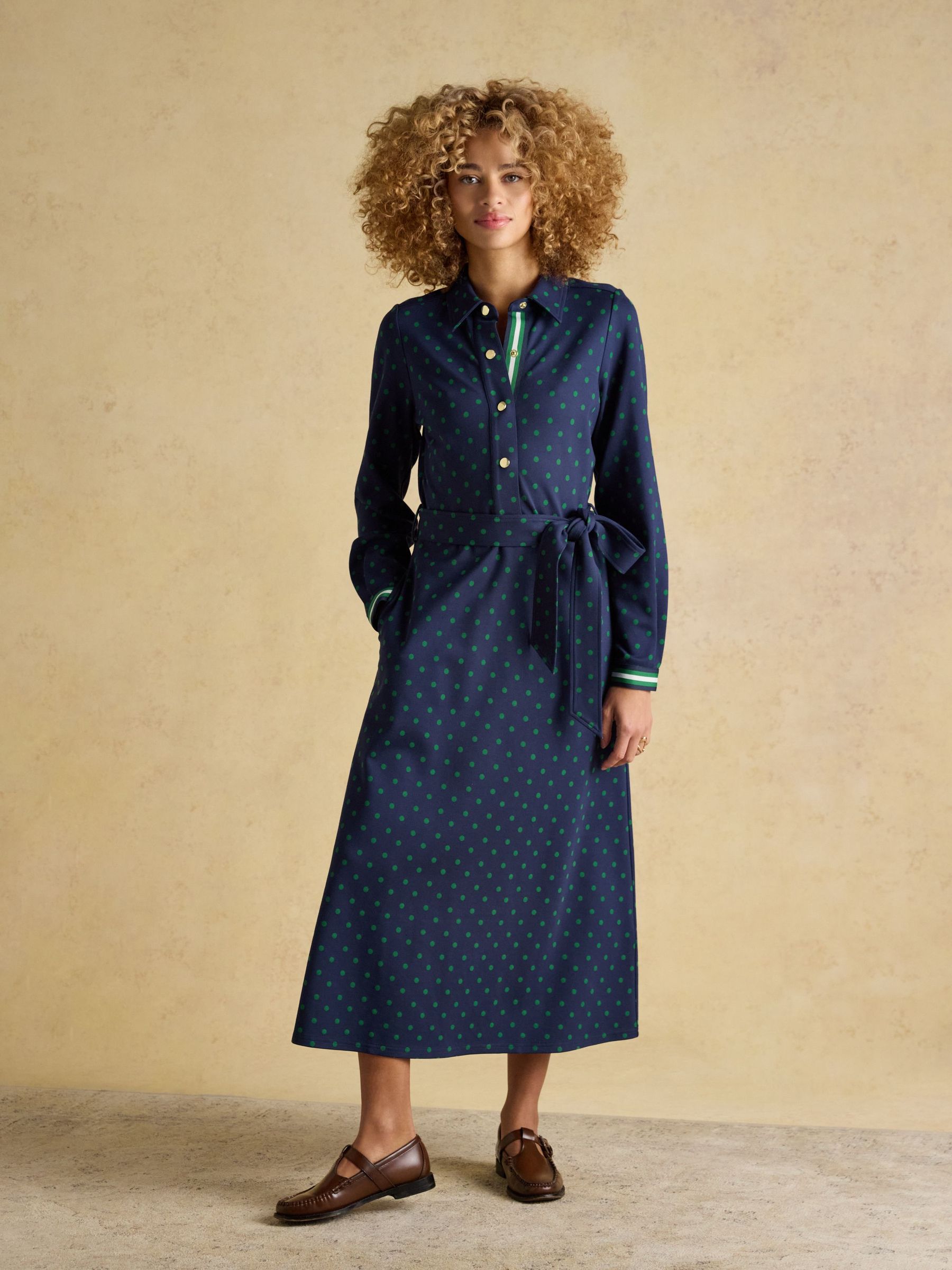Louisa Navy Spot Tie Waist Long Sleeve Ponte Dress