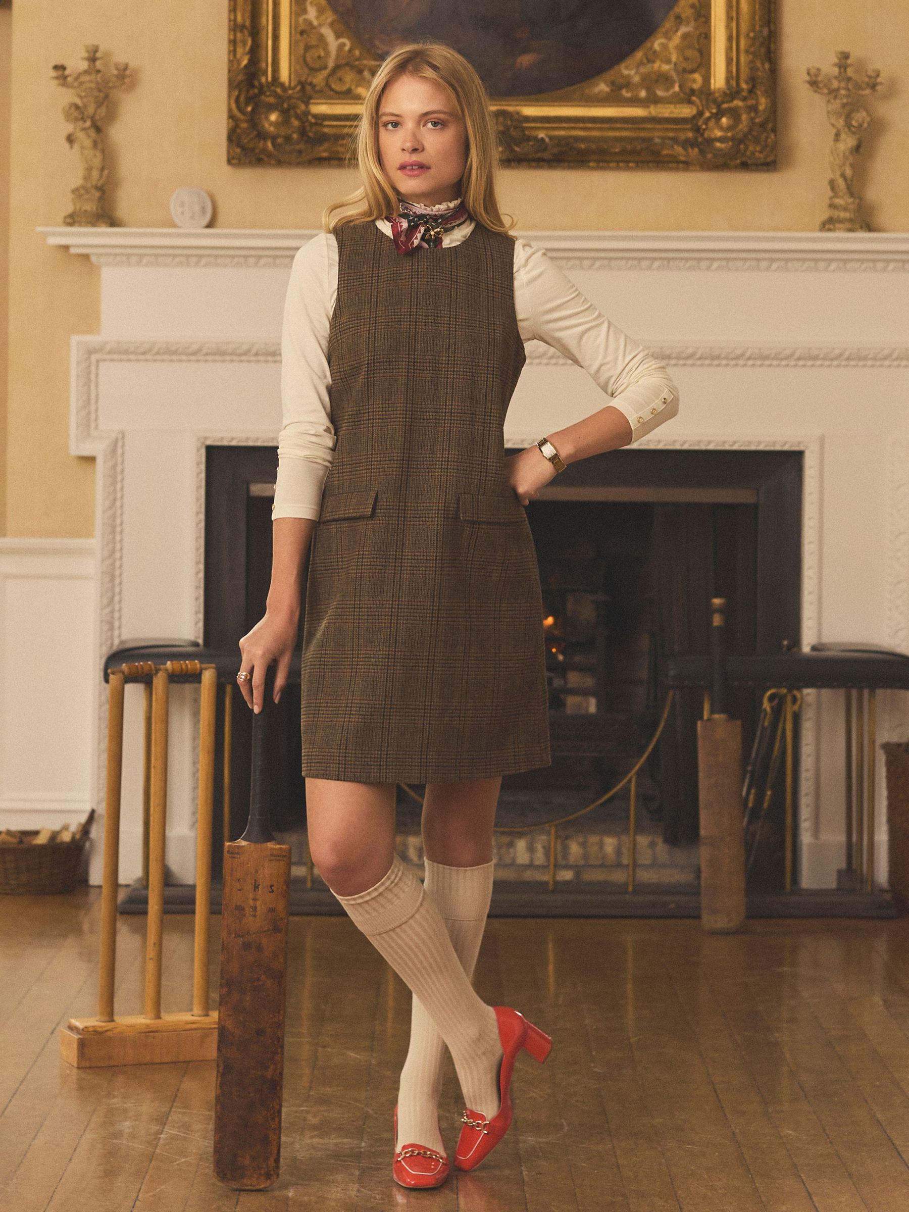 Edwina Brown Check Shift Tweed Wool Blend Sleeveless Dress with Round Neck (AM8348) | £85