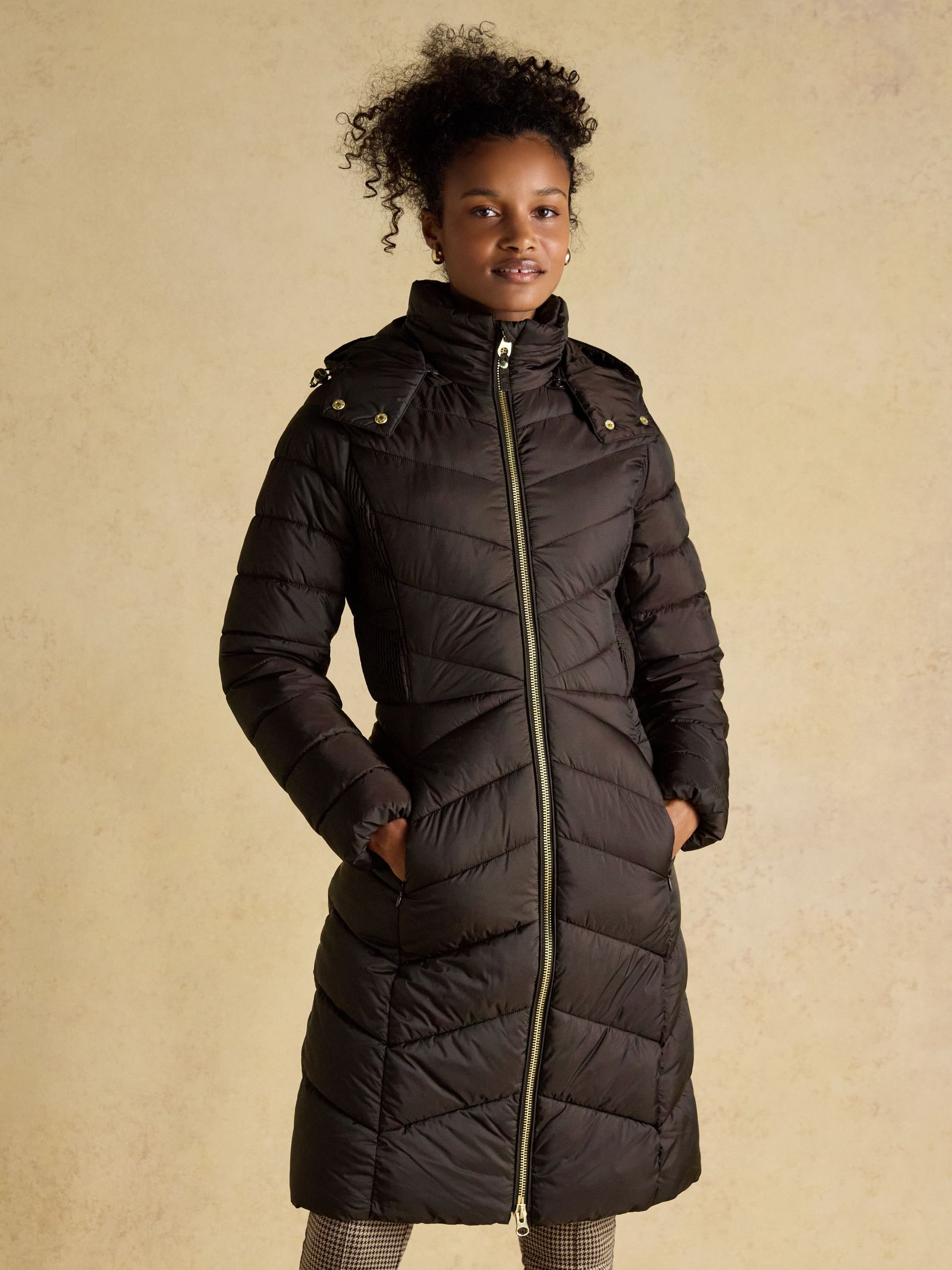 Pembury Brown Showerproof Longline Padded Coat with Hood (AM8352) | £139