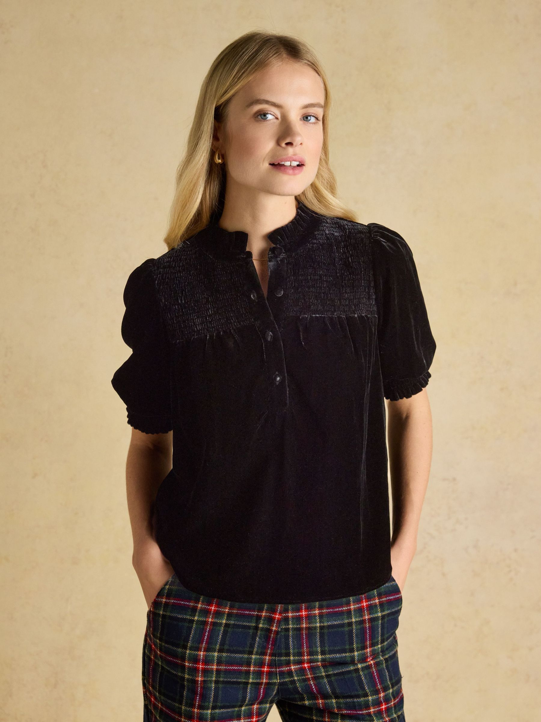 Silvia Black Smocked Velvet Short Sleeve Blouse (AM8364) | £59