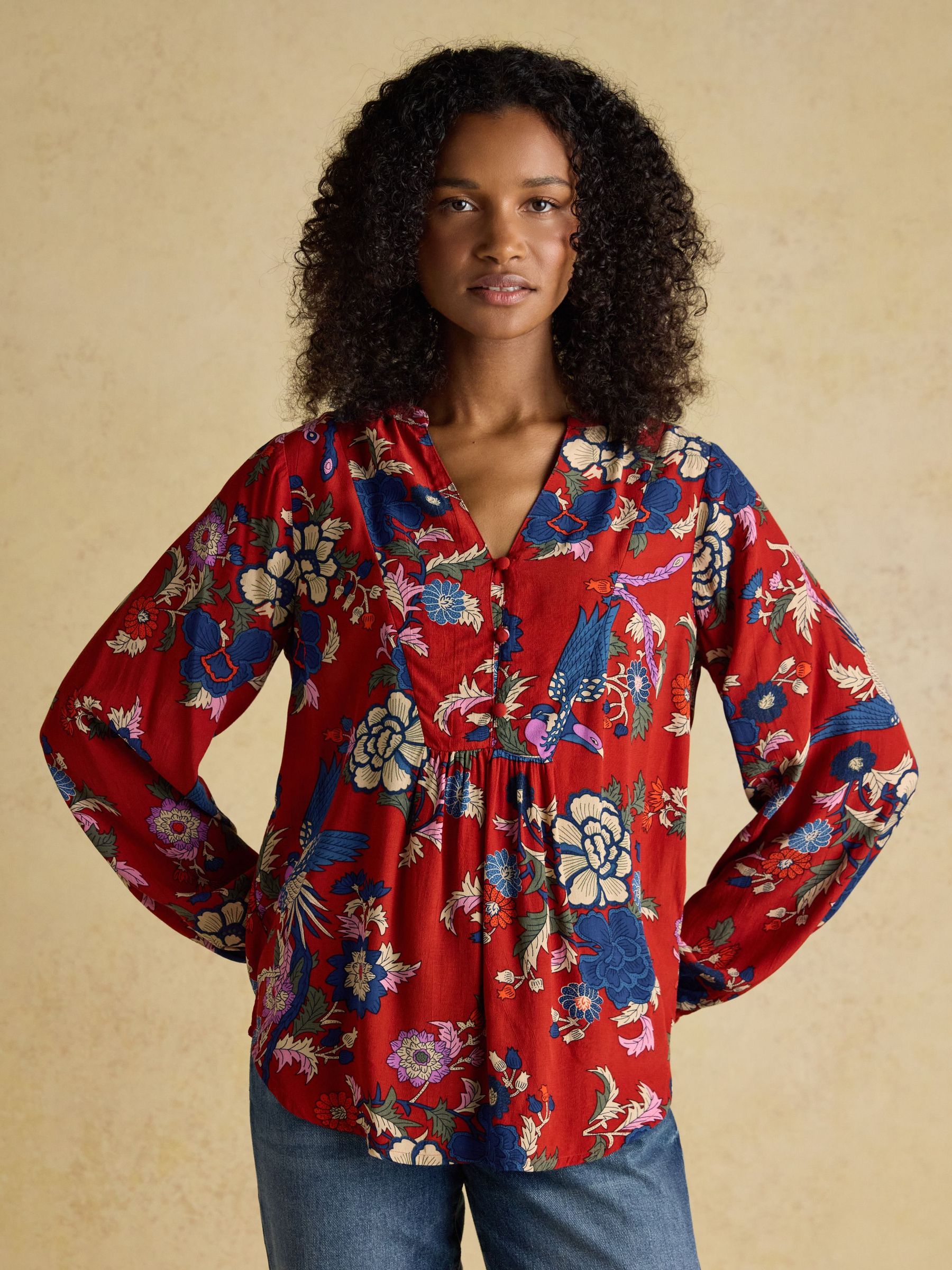 Ava Red Floral Long Sleeve Popover Blouse (AM8366) | £42