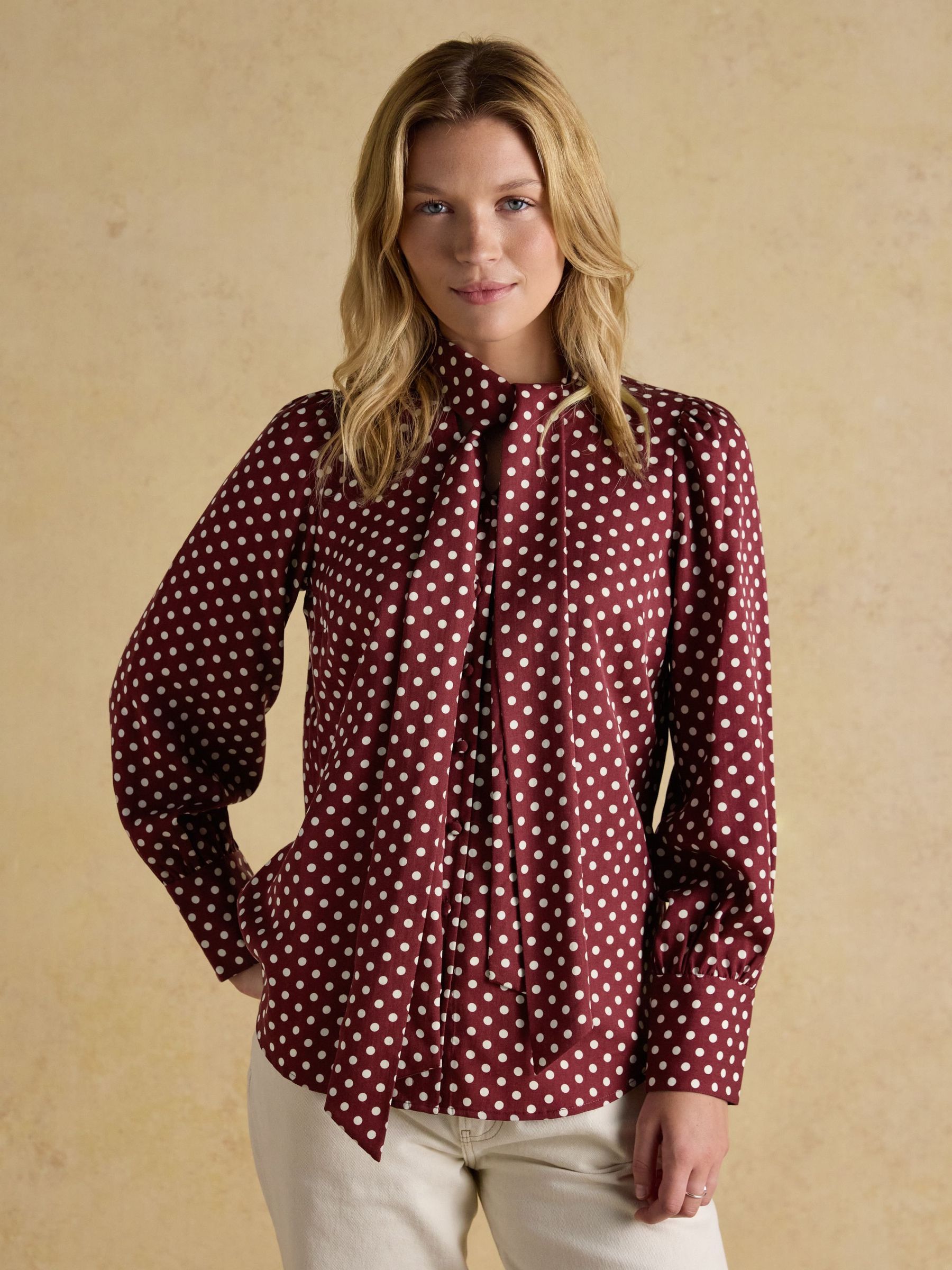 Tabby Burgundy Red Tie Neck Long Sleeve Blouse with Button Fastening