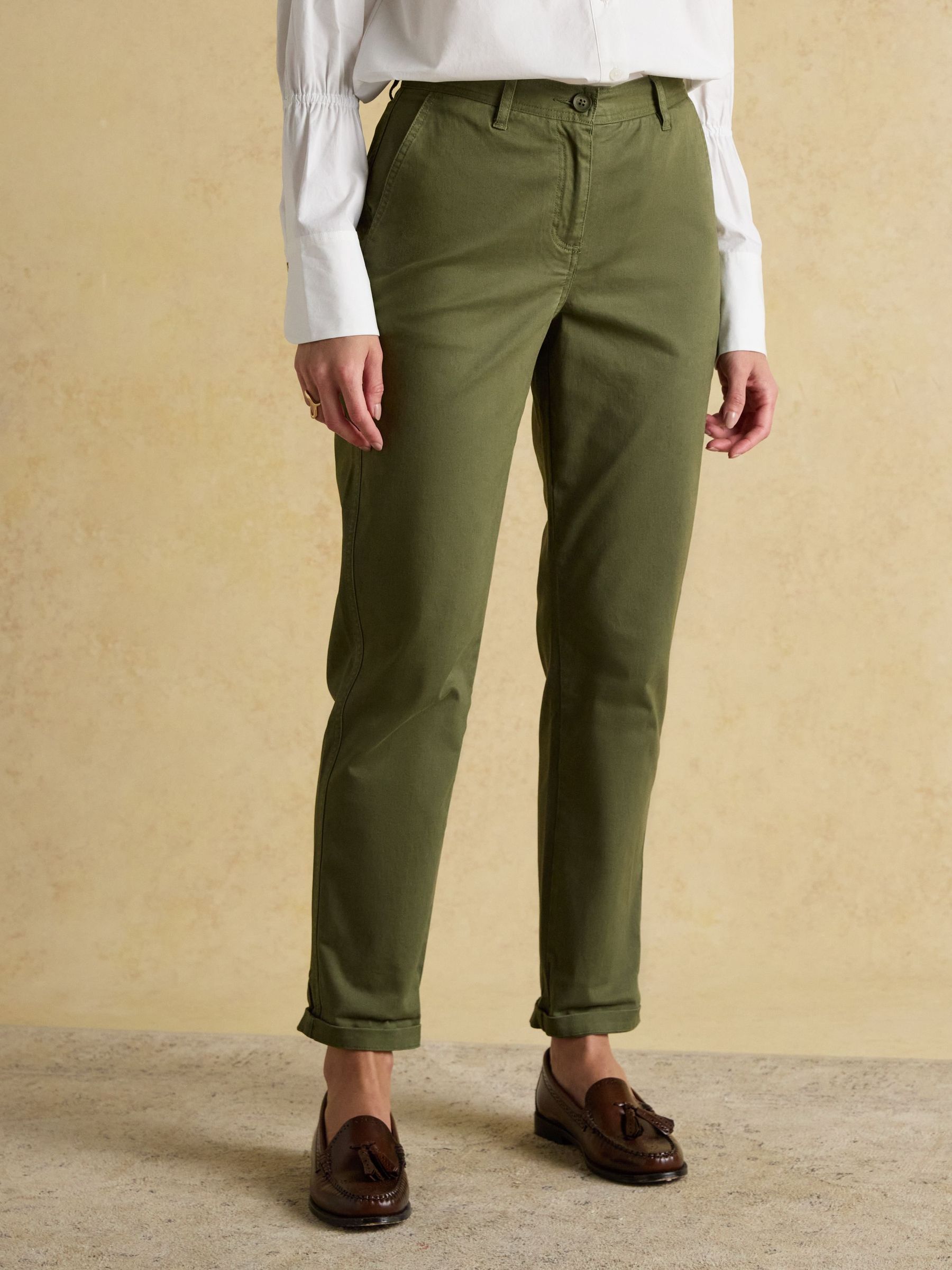 Slim Straight Khaki Green Chino Trousers with Elasticated Waist