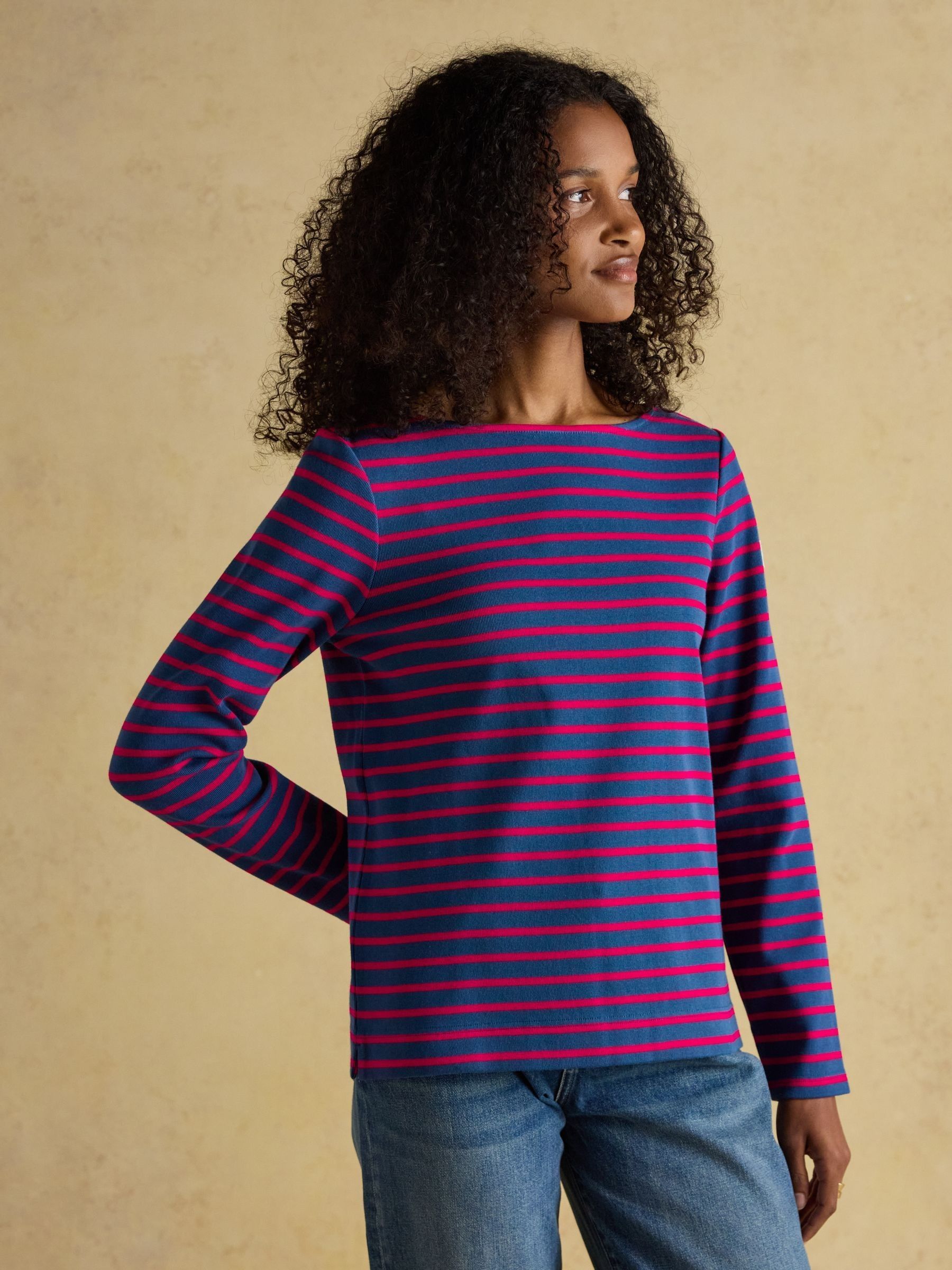Harbour Red/Blue Boat Neck Long Sleeve Breton Stripe Top