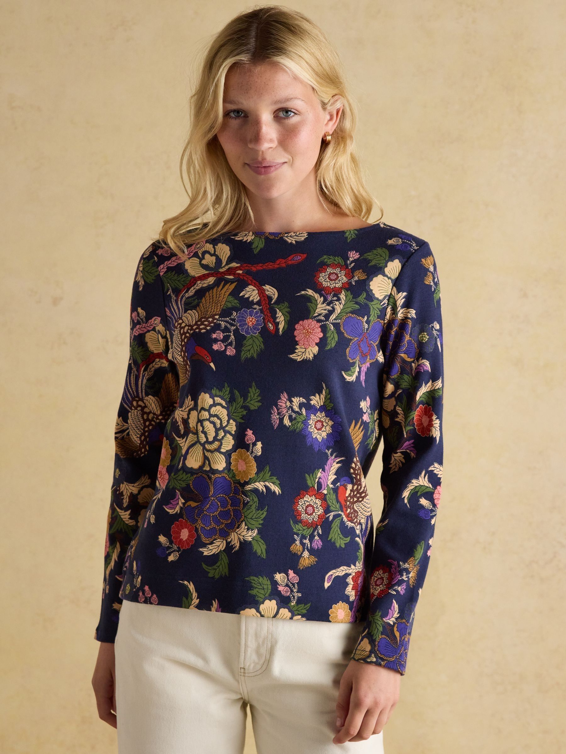 Harbour Navy Bird Floral Boat Neck Printed Top (AM8414) | £35
