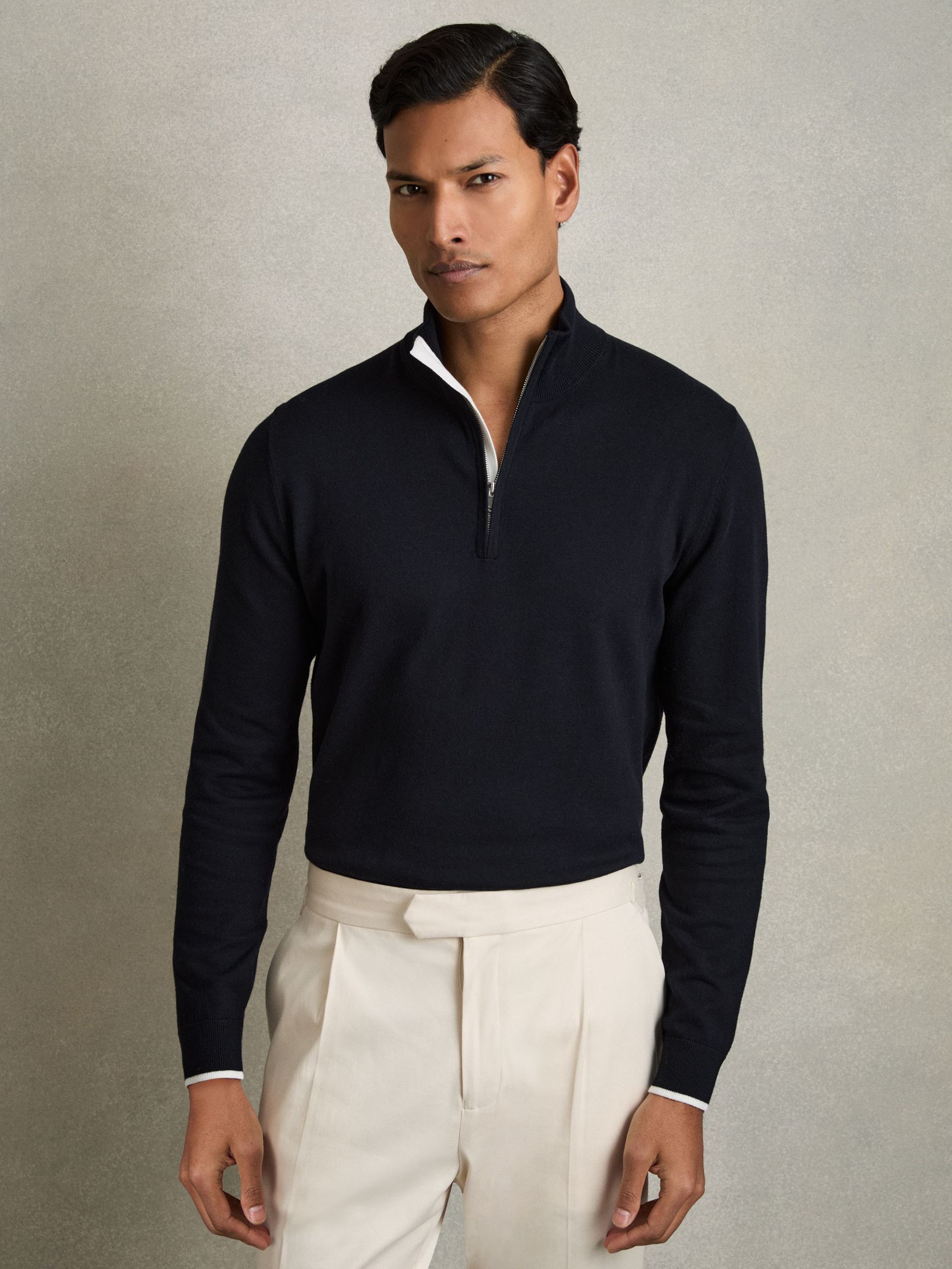 Cotton-Blend Half-Zip Jumper in Navy (AM9061) | £48