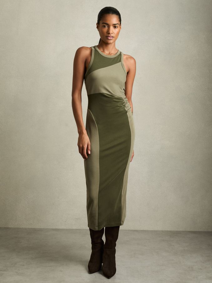 Colourblock Jersey Bodycon Dress in Khaki (AM9720) | £130