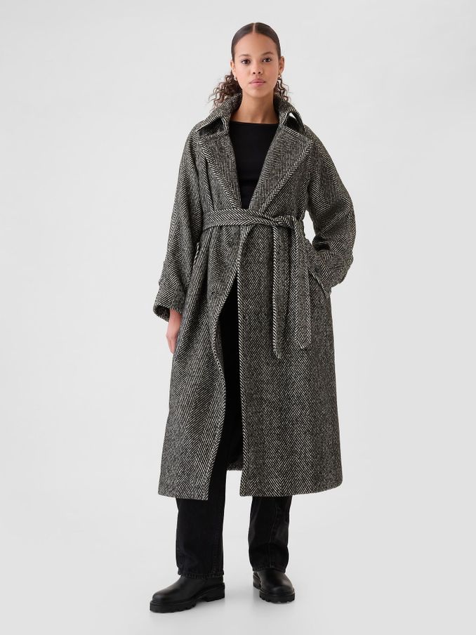 Black Double-Breasted Herringbone Belted Trench Coat (AN1162) | £175