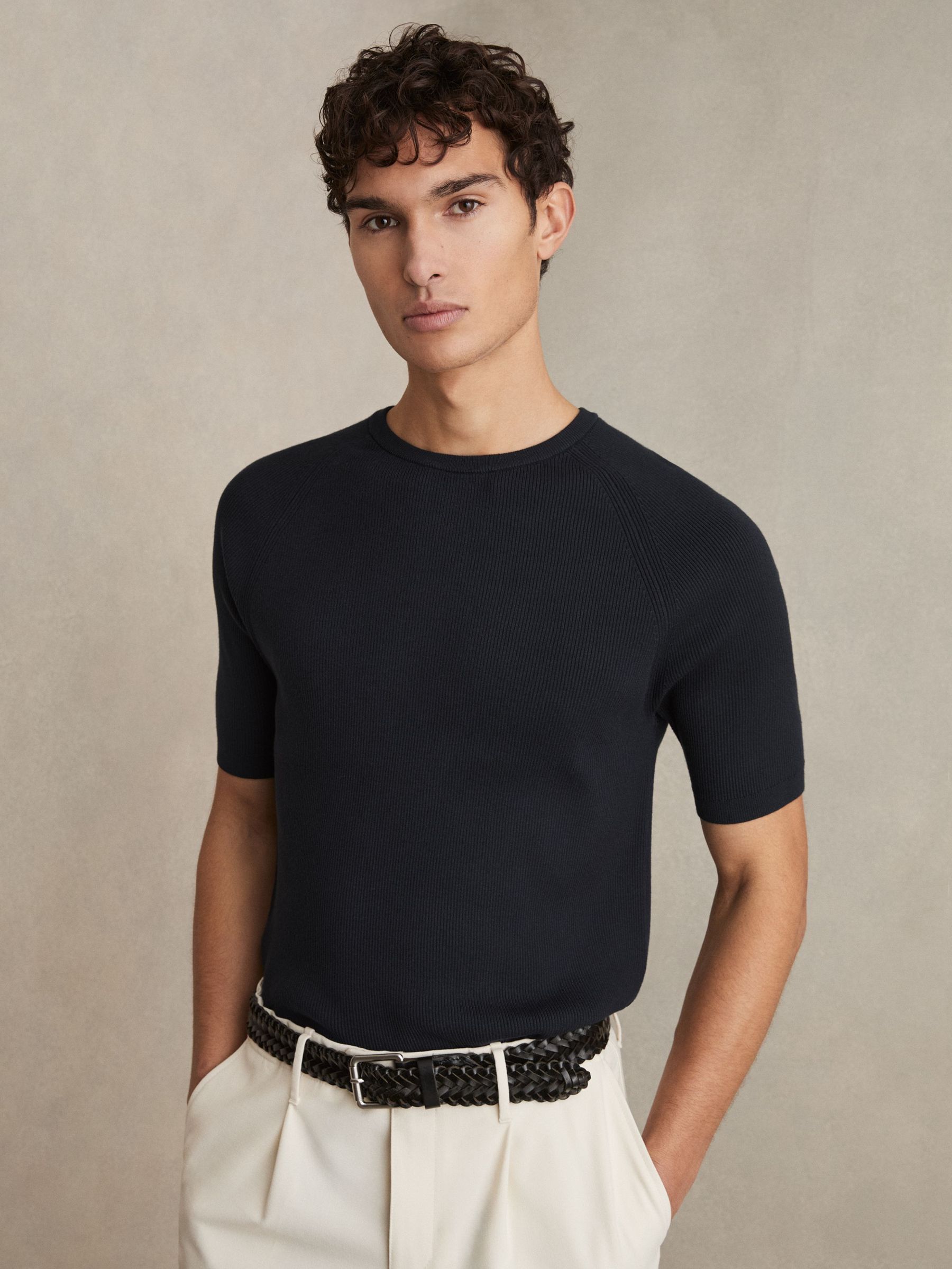 Ribbed Knit Crew T-Shirt in Navy (AN2394) | £98
