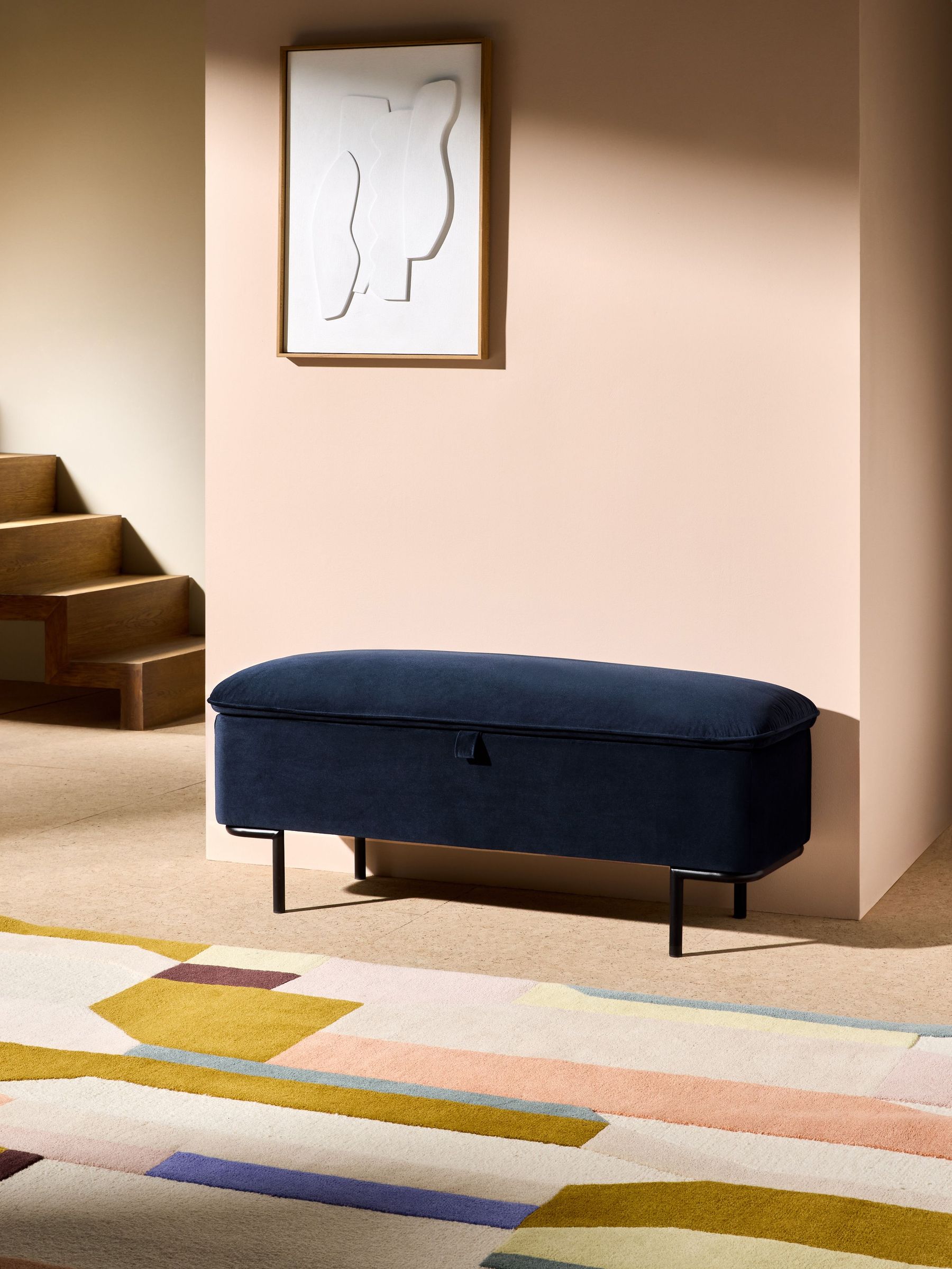 Harlow Storage Ottoman Bench in Navy Blue Velvet (AN2596) | £349