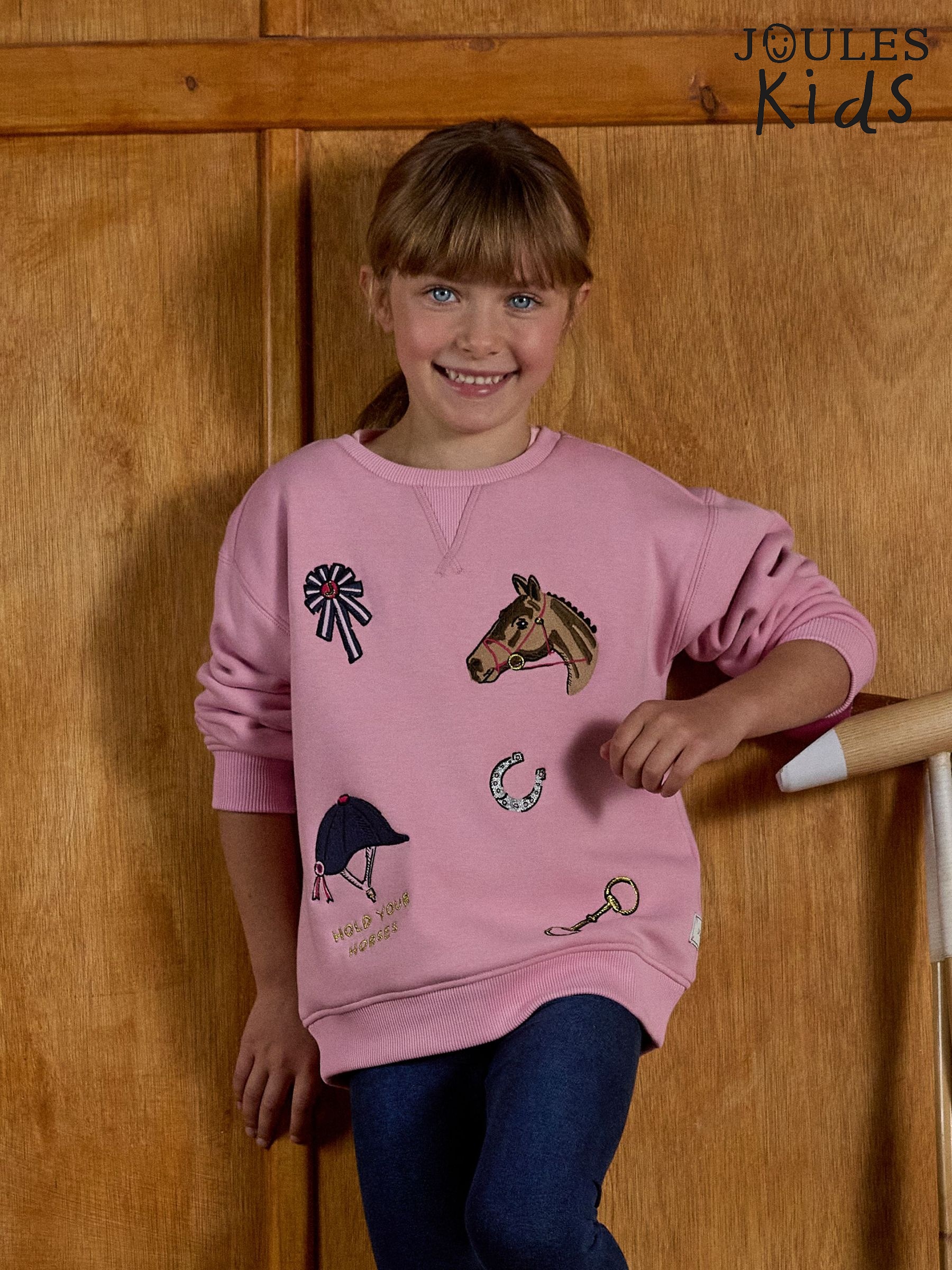 Kids' Mackenzie Pink Horses Sweatshirt With Faux Faur Lining (AN2926) | £24 - £27