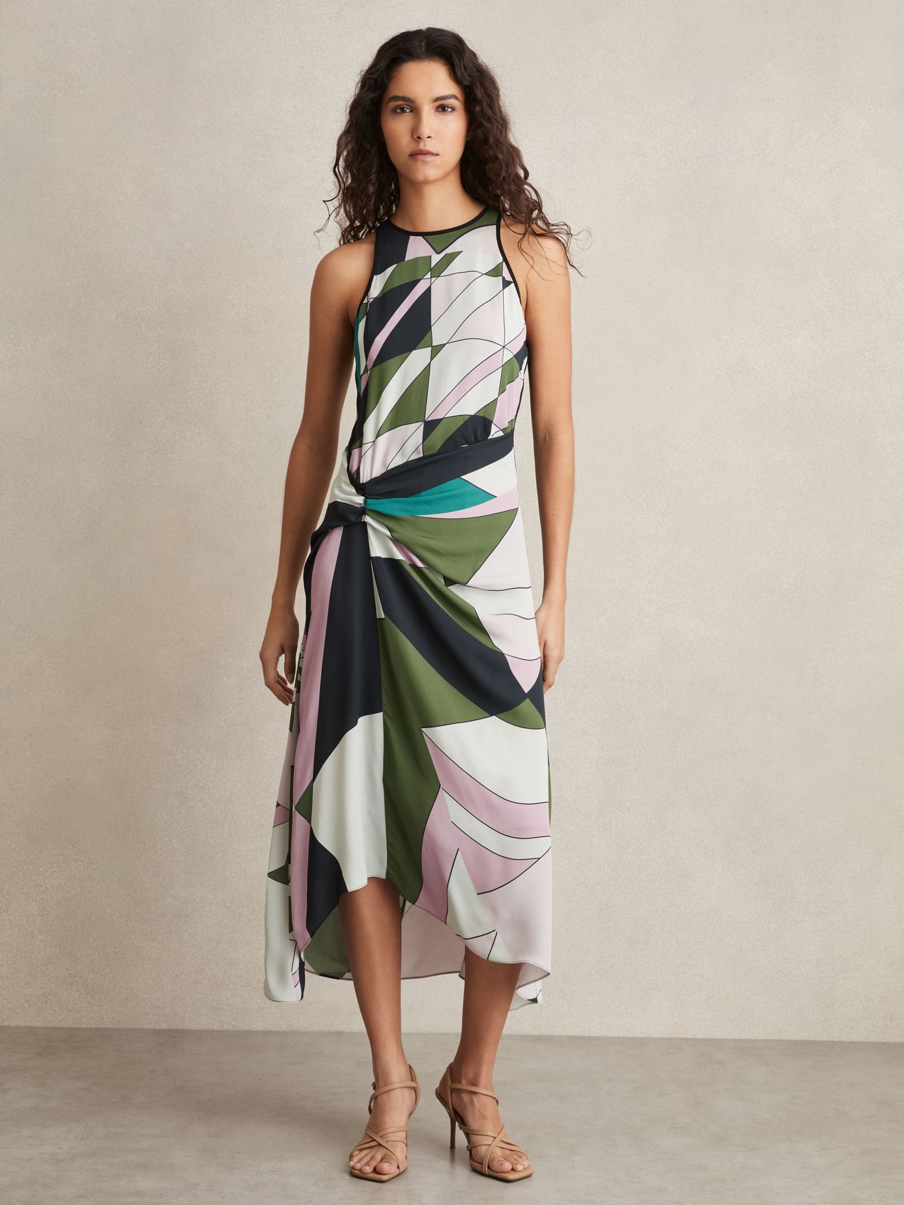 Geometric-Print Gathered Midi Dress in Green (AN3987) | £230