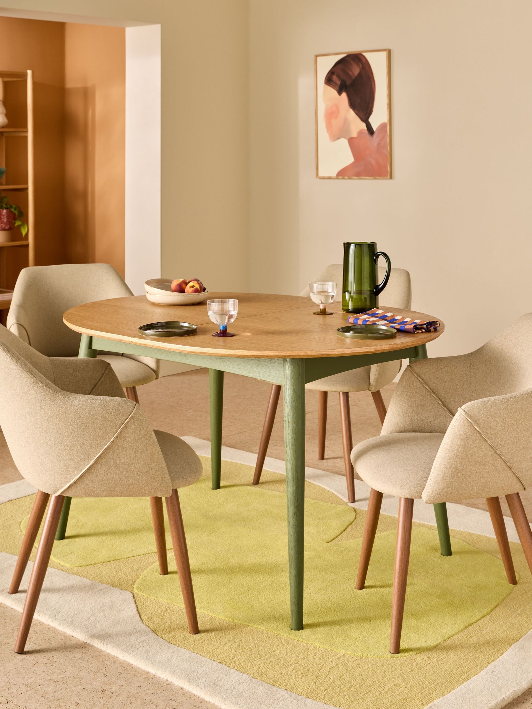 Oak and Green Legs Deauville 4 to 6 Seater Oval Extending Dining Table (AN4632) | £549
