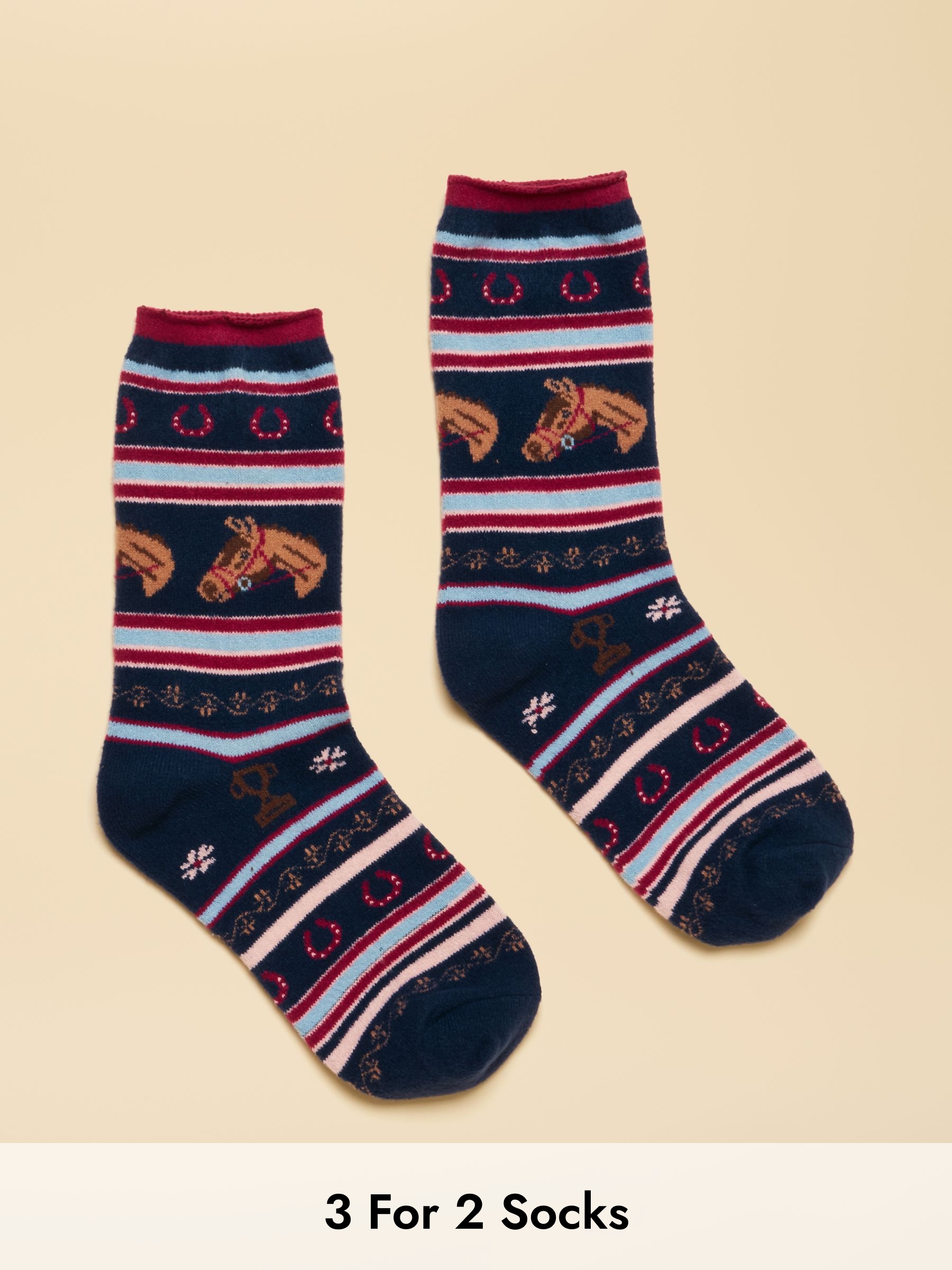 Women's Willow Cosy Navy Horse Fair Isle Socks (size 4-8) (AN6495) | £9.95