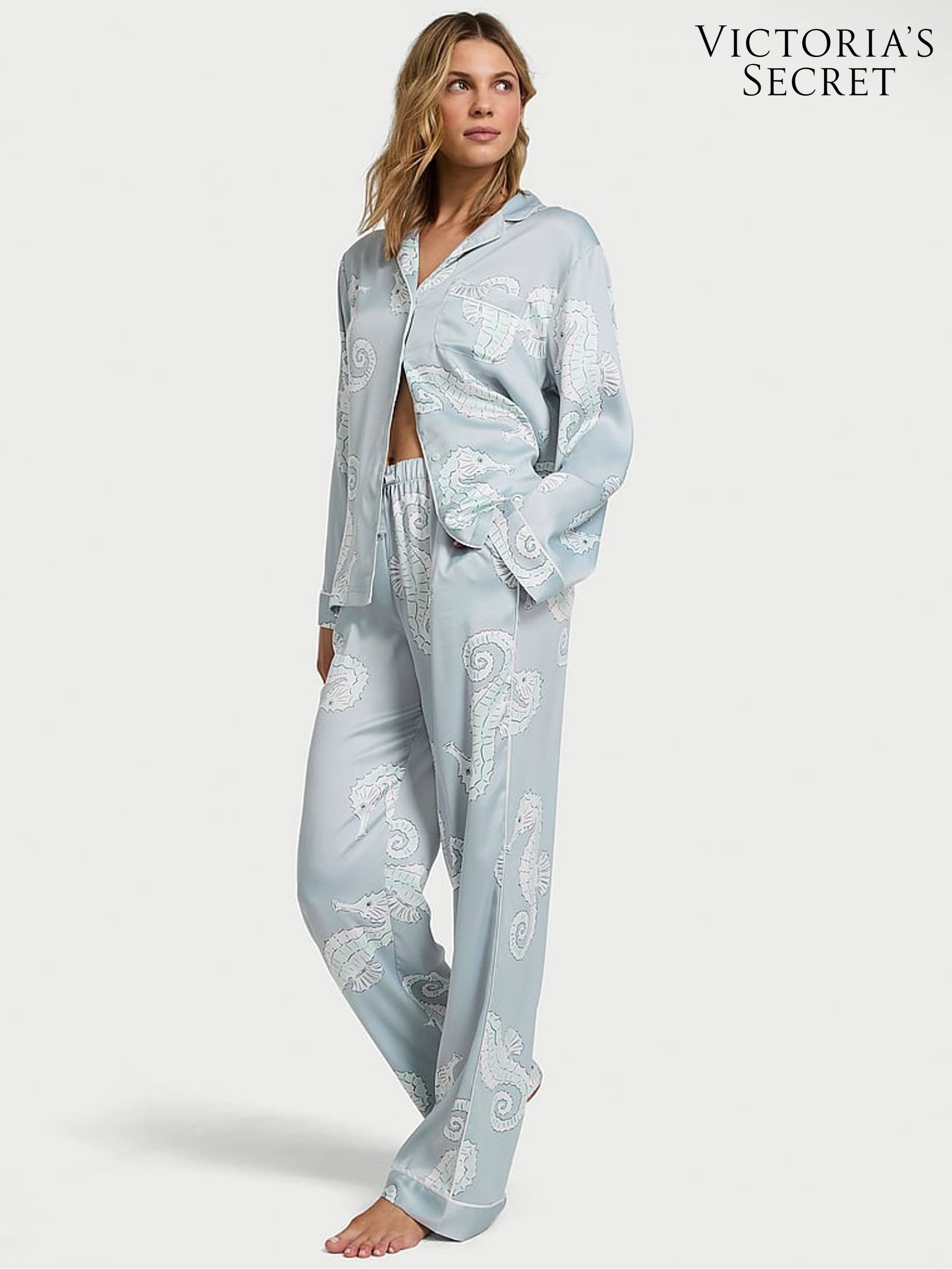Grey Fog Seahorses Satin Long Pyjama Set (AN6548) | £69