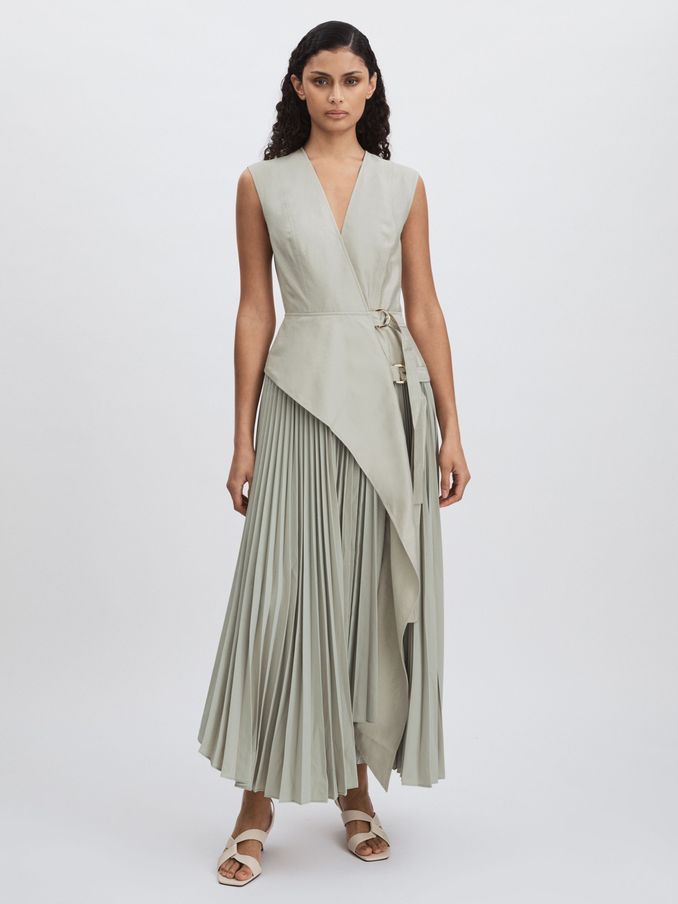 Acler Ellenbrook Wrap Maxi Stone Grey Dress with Pleated Skirt in Stone Grey (AP0287) | £530