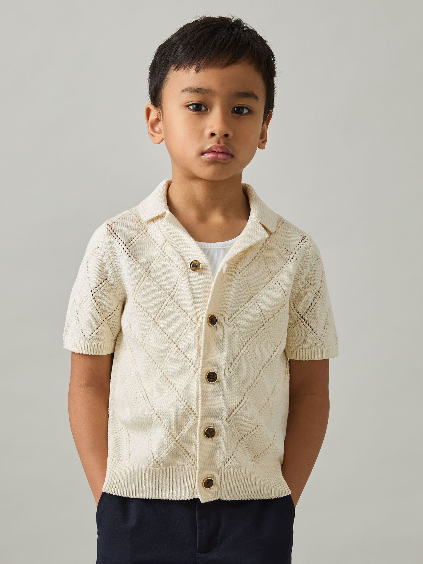 3-9 yrs Cotton Blend Diamond Knit Shirt in Off White (AP0311) | £42