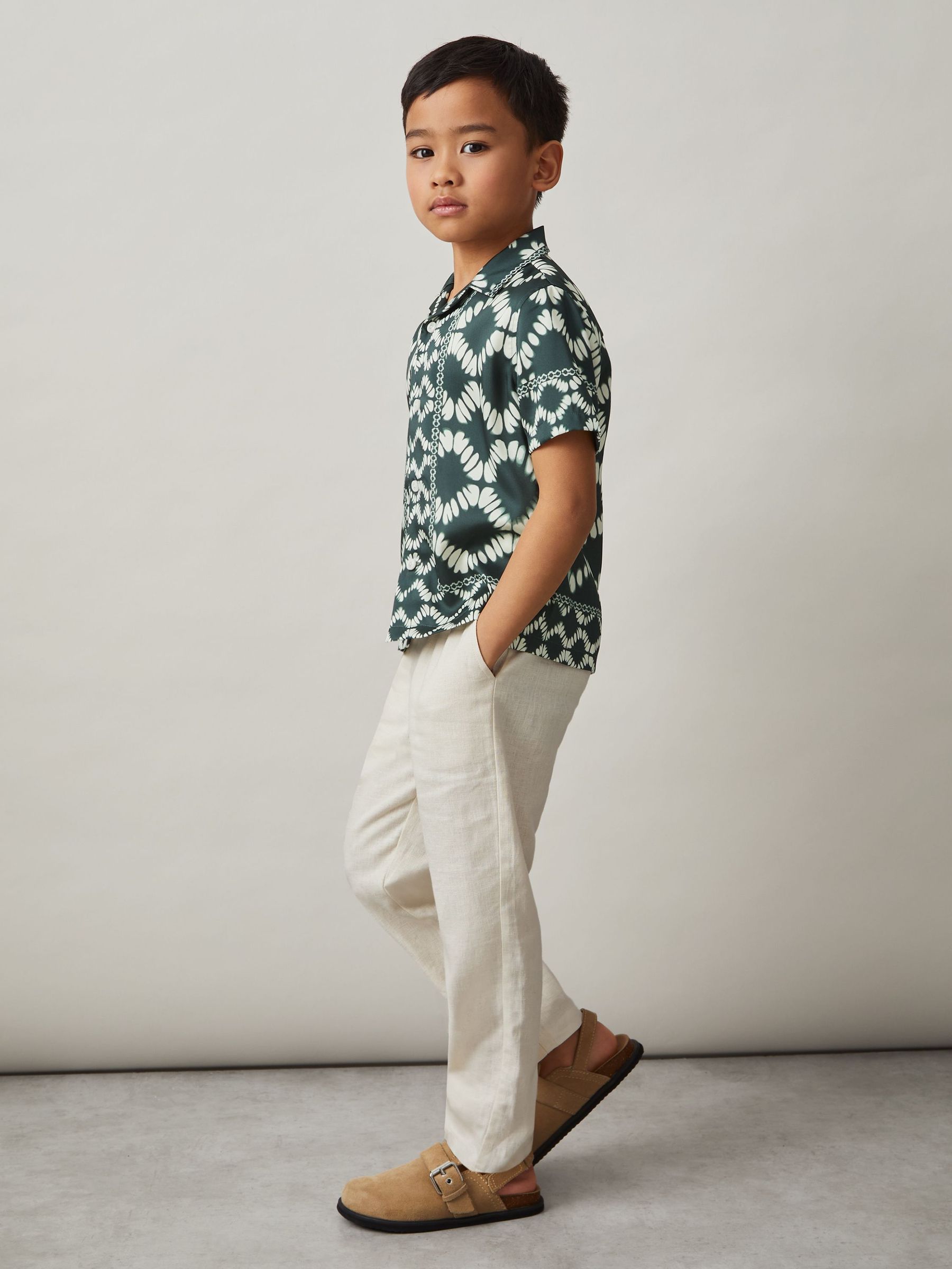 9-13 yrs Abstract Print Cuban Collar Shirt in Green (AP0338) | £20