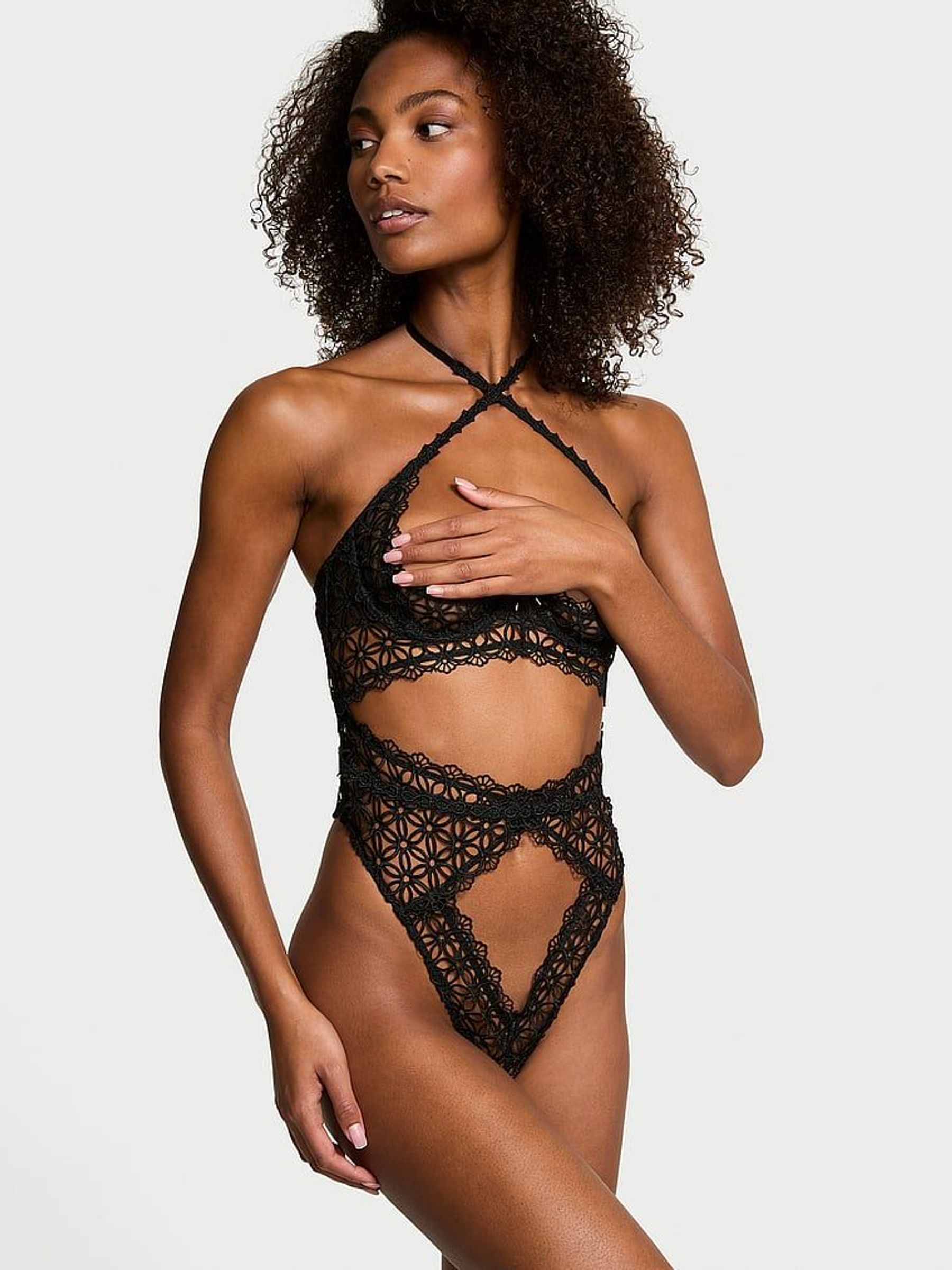 Black Geo Daisy Lace Open Cup Bodysuit (AP0429) | £75
