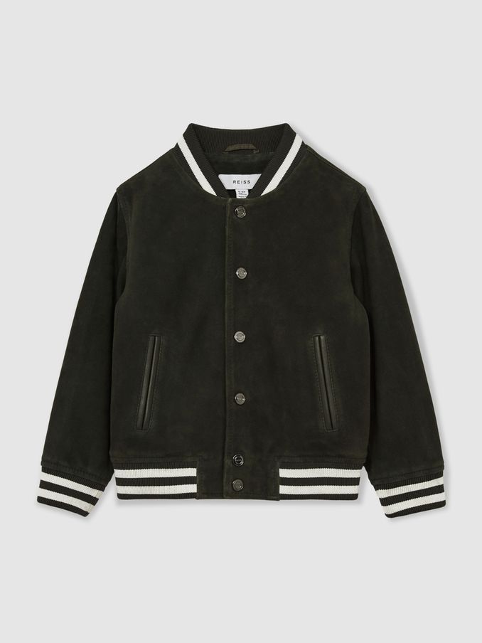 13-14 yrs Suede Varsity Bomber Jacket in Dark Green (AP4324) | £80