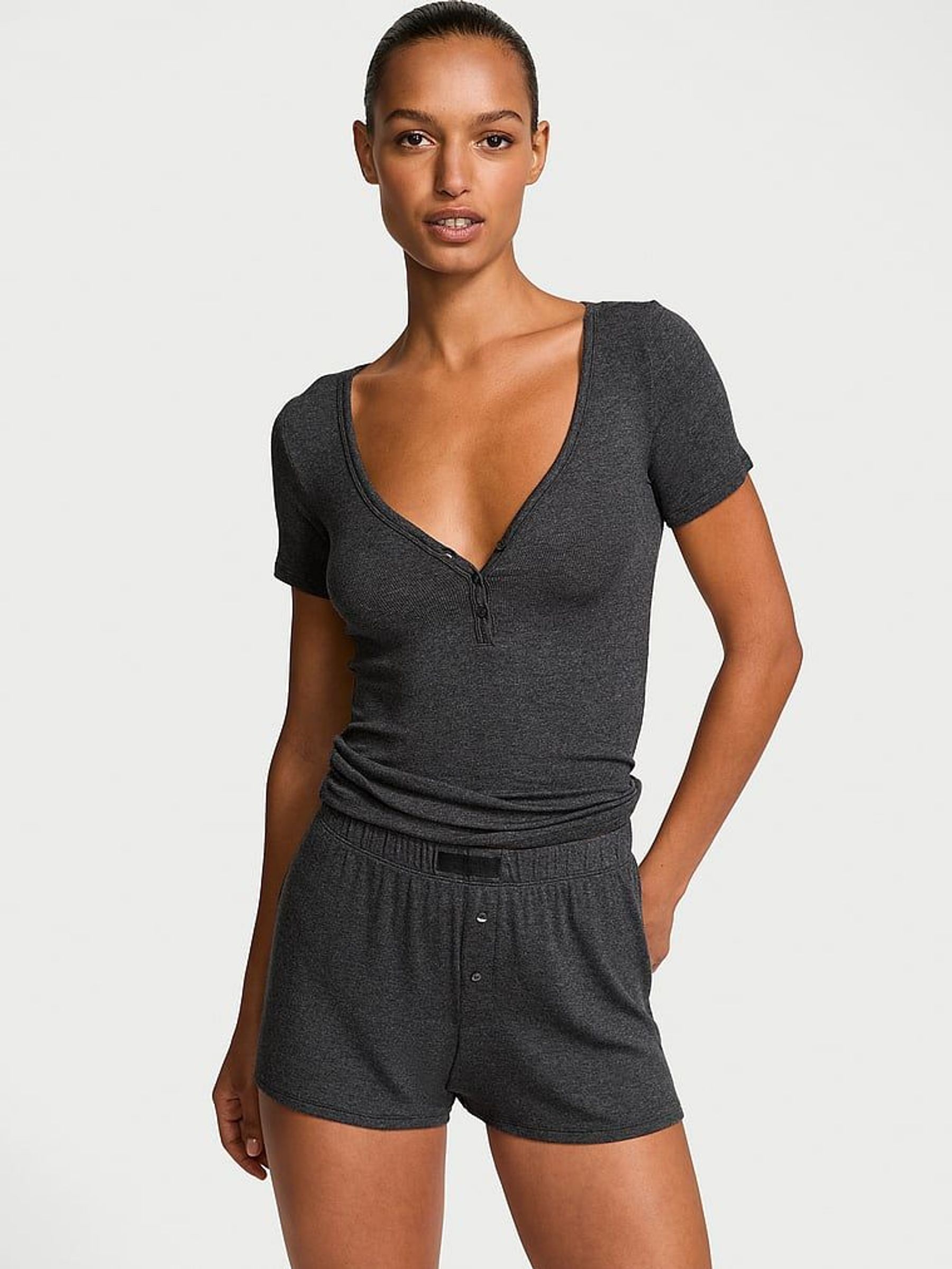 Heather Charcoal Grey Modal Rib Henley Short Sleeve Set (AP6214) | £39