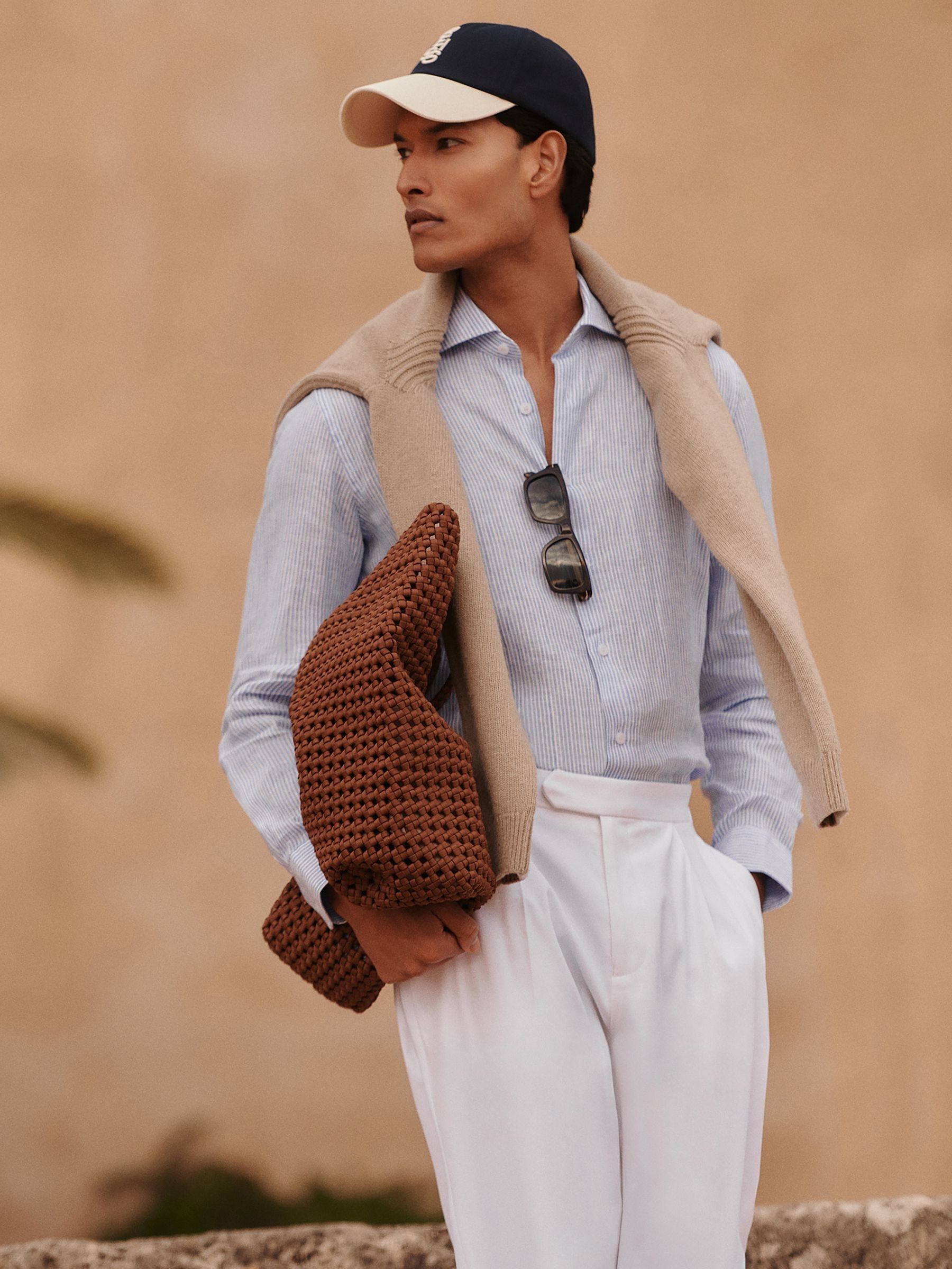 Linen Striped Long Sleeve Shirt in Soft Blue/White Fine Stripe (AP6296) | £110