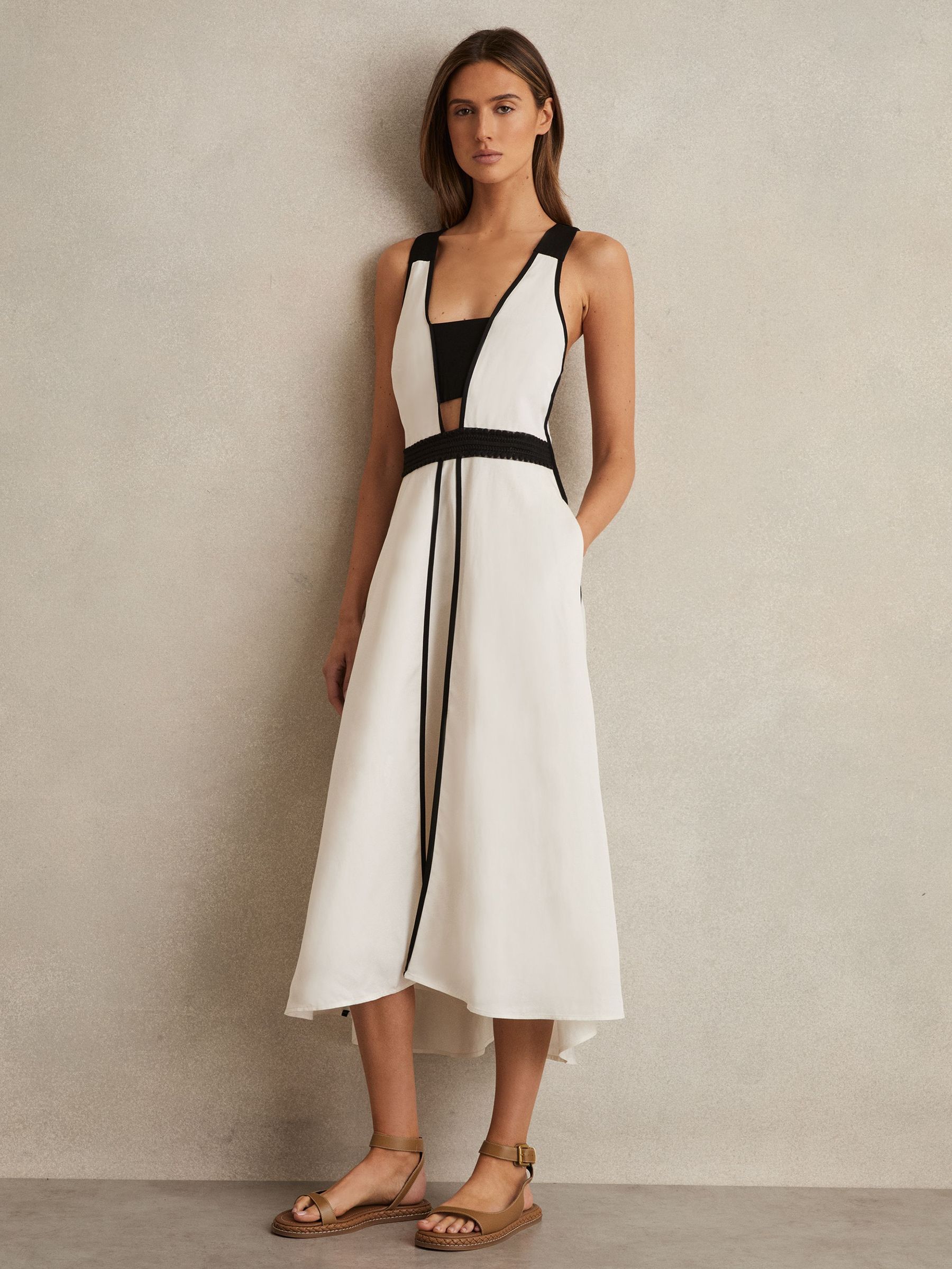 Contrast Trim Flared Midi Dress With Linen in Ivory/Black (AP6297) | £230