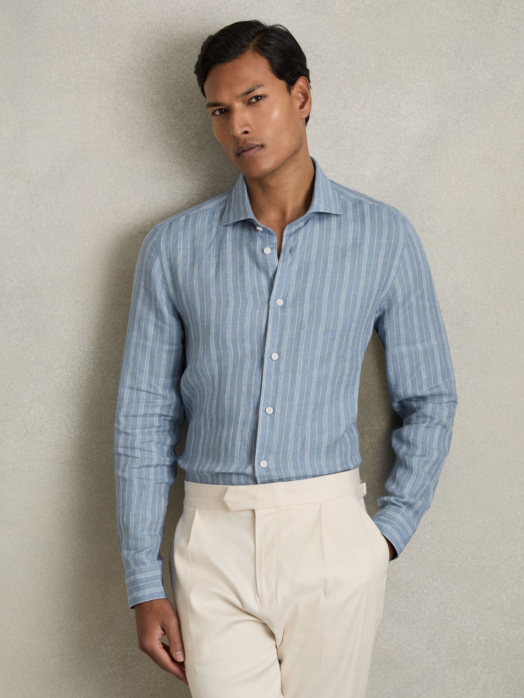 Linen Striped Cutaway-Collar Shirt in Airforce Blue/White Bengal Stripe (AP6305) | £110