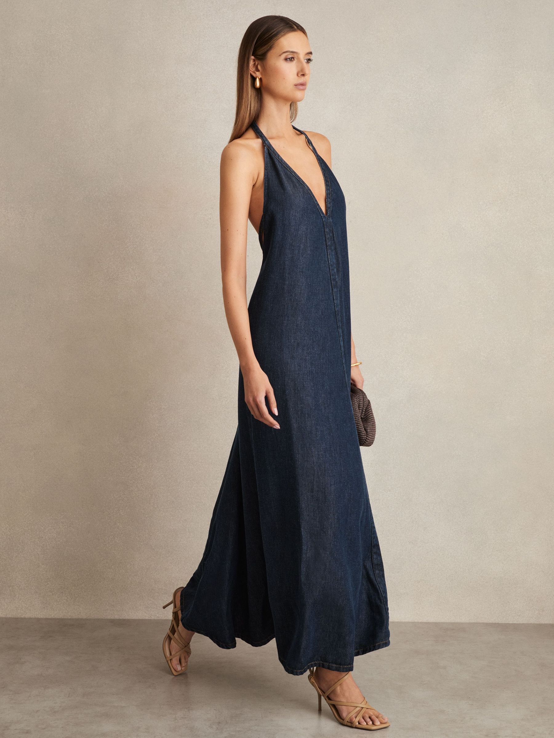 Denim Halterneck Maxi Dress in Indigo (AP8471) | £190