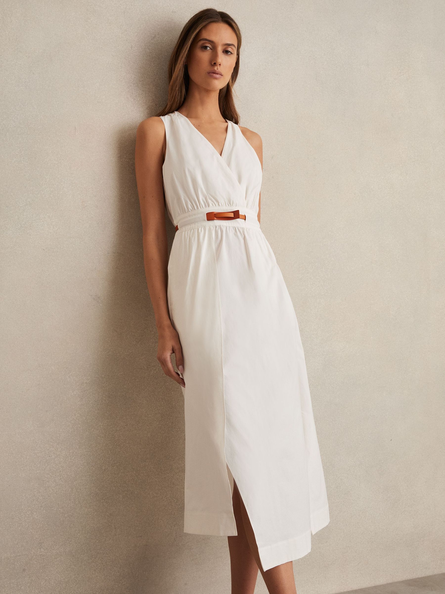 Poplin Belted Split Midi Dress in Ivory (AP8480) | £170
