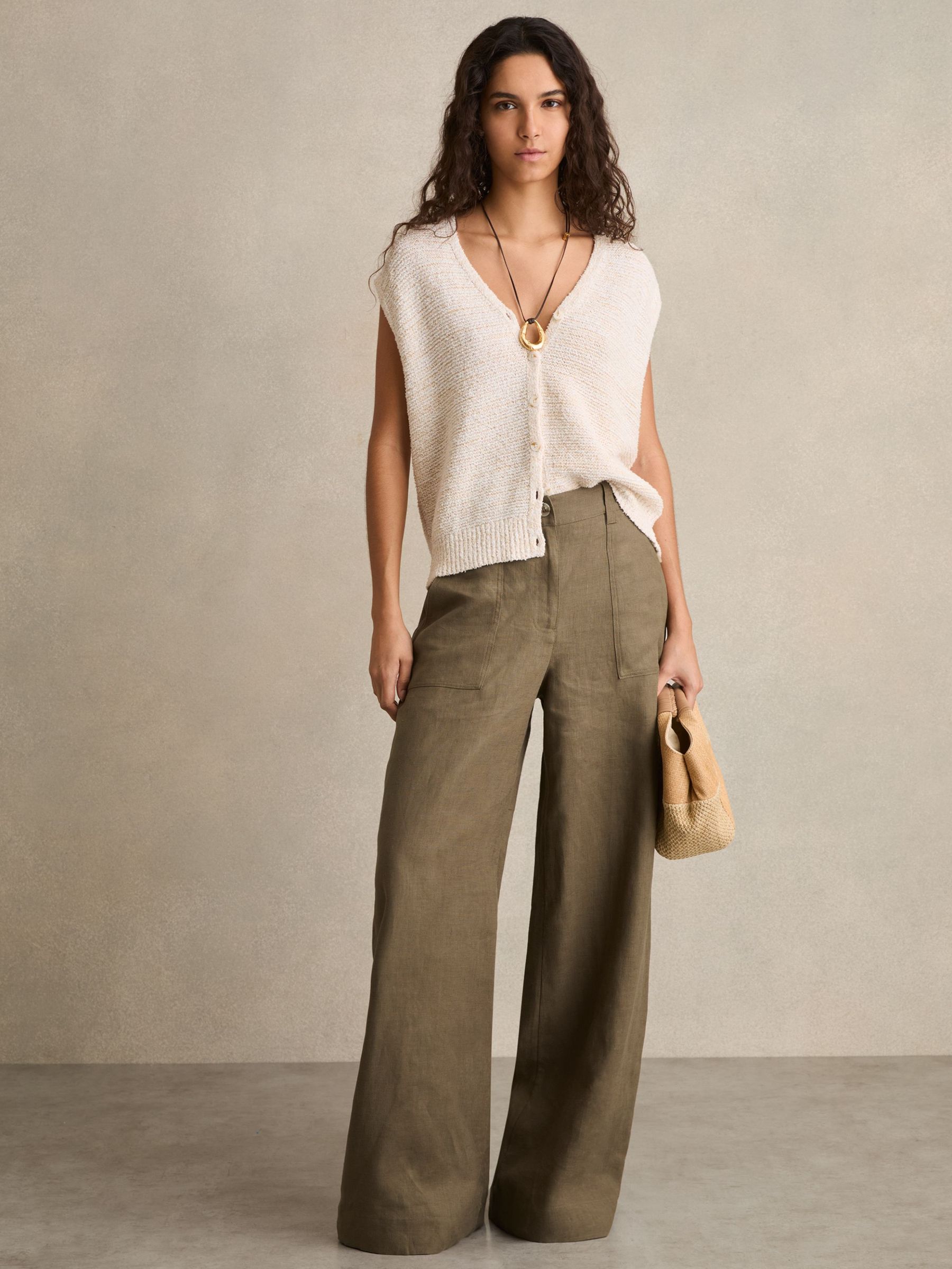 Linen Wide Leg Trousers in Khaki (AP8515) | £150