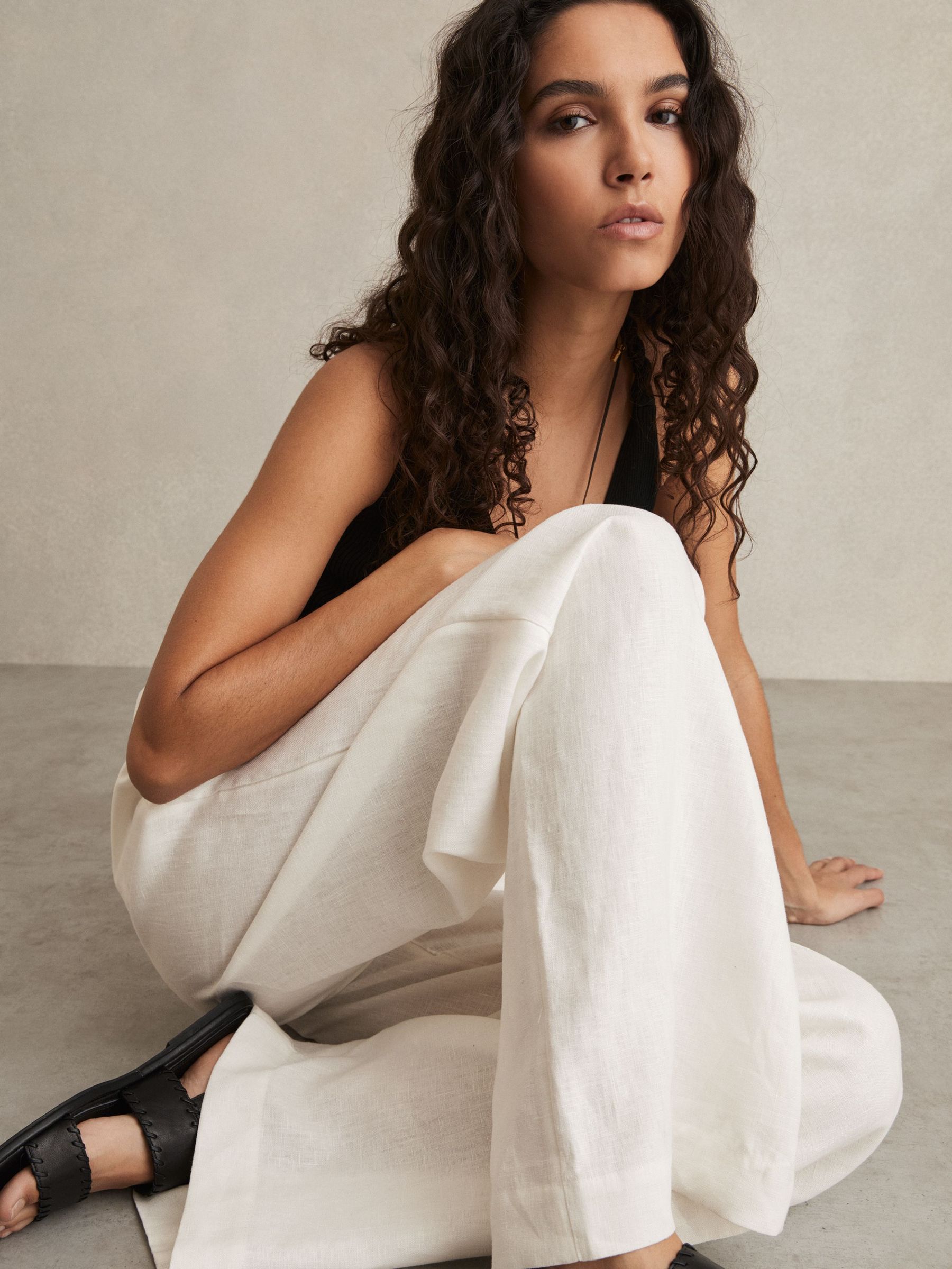 Petite Linen Belted Wide-Leg Trousers in White (AP8521) | £168