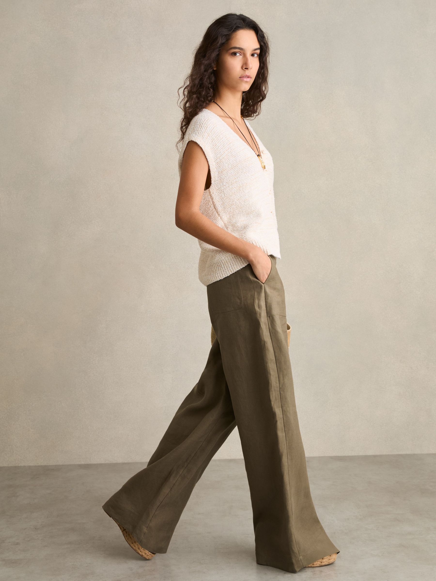 Petite Linen-Cotton Wide-Leg Trousers in Khaki (AP8537) | £150